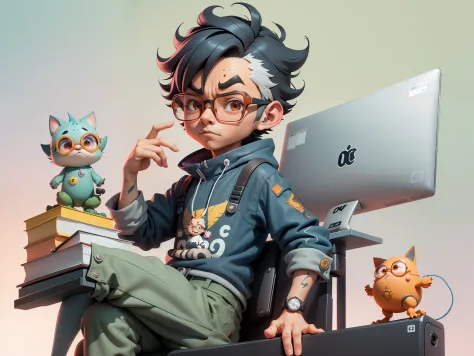 A young man with glasses sits at his desk，holding laptop，digitial painting，3D character design by Mark Clairen and Pixar and Hayao Miyazaki and Akira Toriyama，4K HD illustration，Very detailed facial features and cartoon-style visuals。