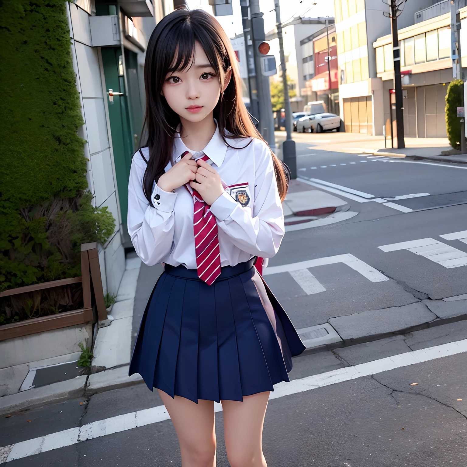 mesa, hiper-realista, 8K, bokeh, Fire Lumemescent,garota da escola、em 、rosto fofo、Standemg on a street corner em Shibuya、