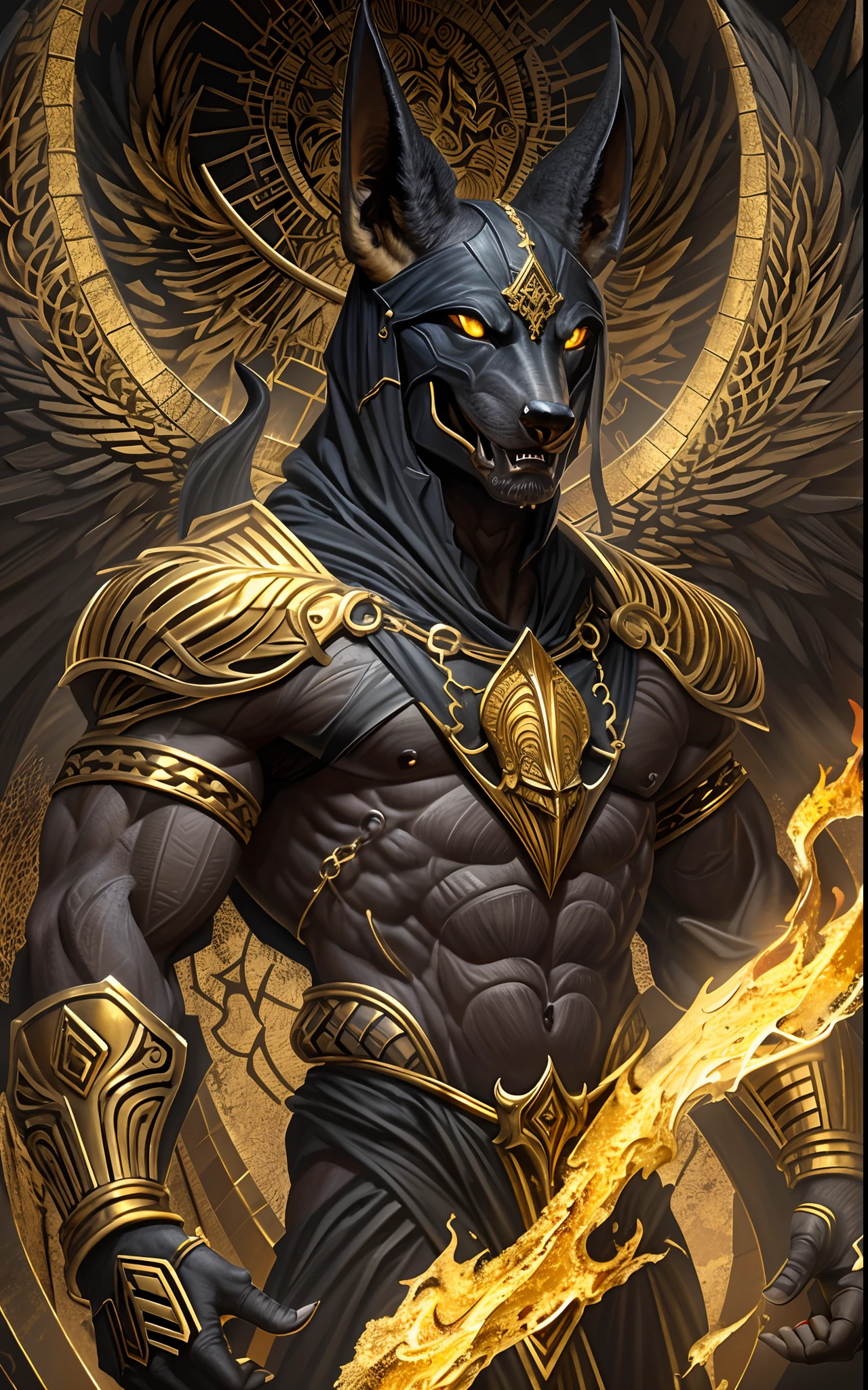 (high quality), photorealistic, (oil painting)
jewelry, (solo),
(dynamic pose), towards right, ((hell gate)), fire, hell landscape, (the underworld), (dark landscape),
anubis, egyptian jackal headed god, anthro, muscular, (holding golden scales), dynamic pose, cinematic, dramatic camera angle, golden armor:0.25, black & gold cape, (good anatomy), (good proportions), award winning, masterpiece, centered,