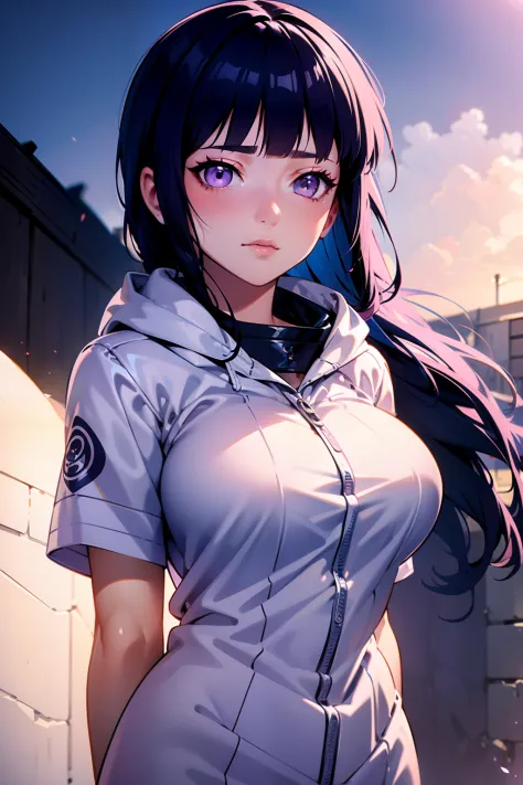 hinata hinata，white color hair，battle angel costume，white eyes，bigboobs，sky background image