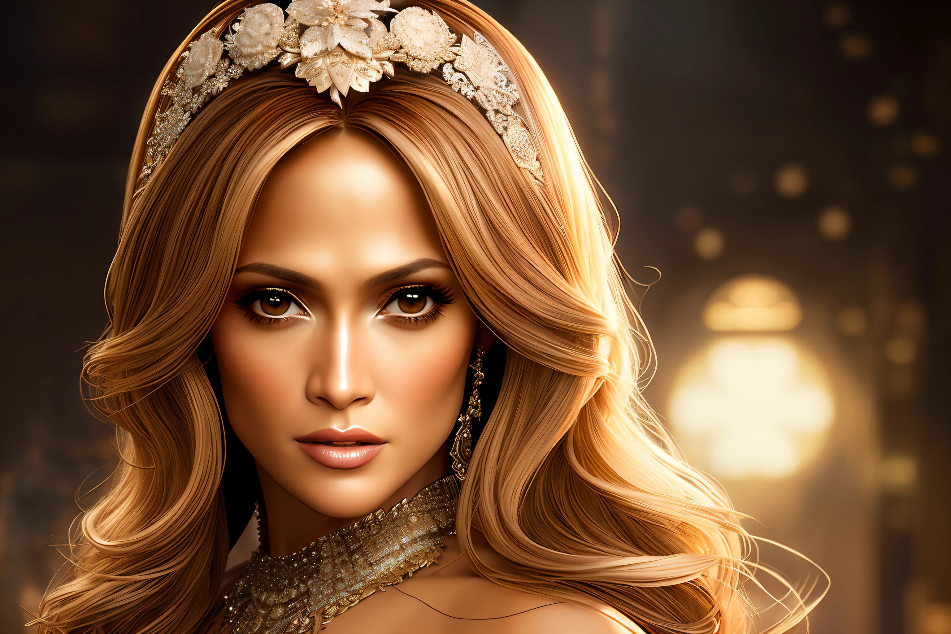 goddess light hair, attractive, elegant, mature, beautiful, perfect composition, trending on artstation, sharp focus, studio photo, intricate details, highly detailed, hyperrealism painting concept art of detailed character design, photography, fantasy art, candy crown, jennifer lopez, salma hayek