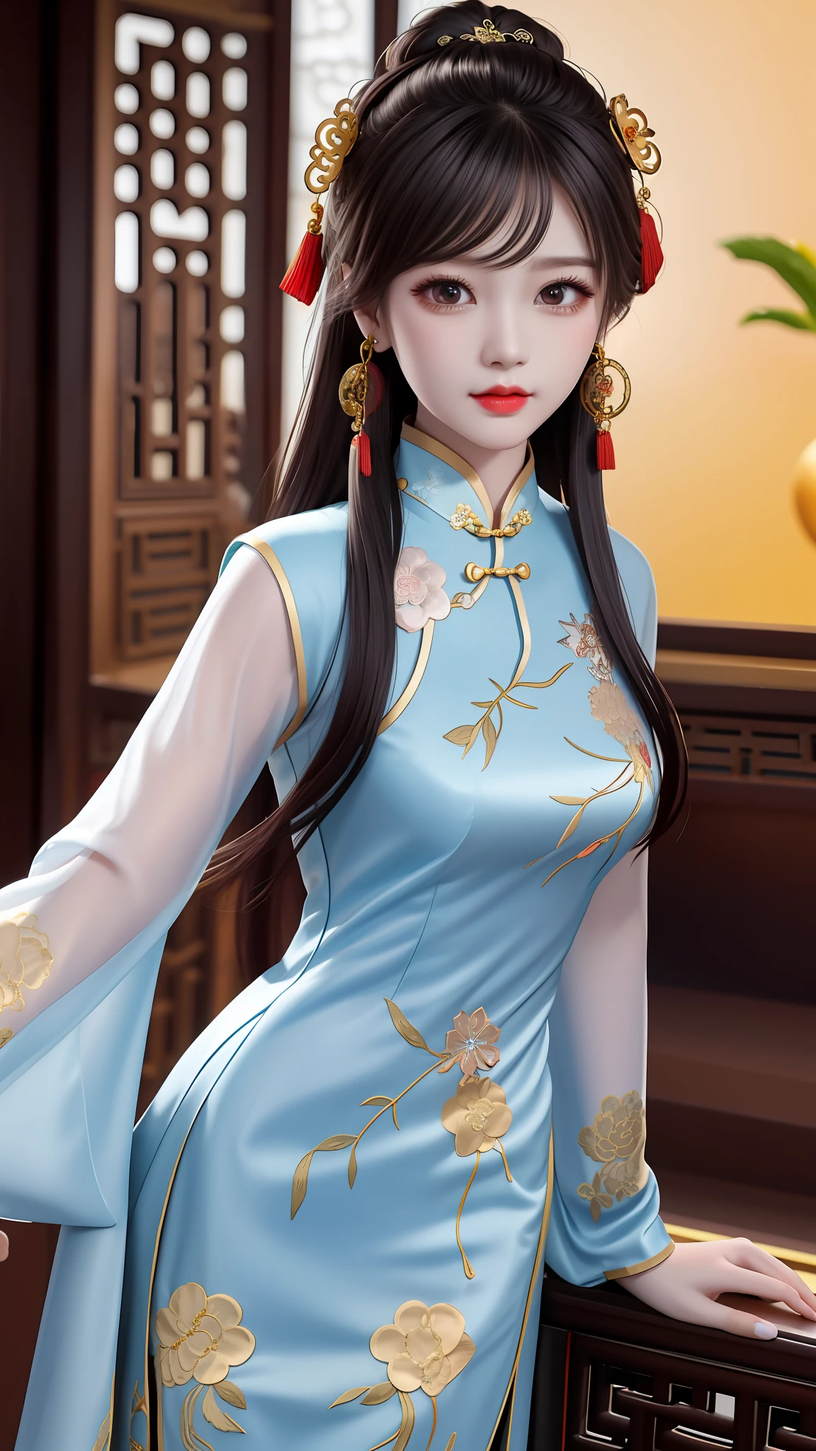 high detal,8K resolution,Ultra-high resolution,A young Miao girl, a cute girl，Hmong headdress，short detailed hair，hair-bun，lipsticks，Tassel earrings，choker necklace，Black clear eyes，Smooth hair,clavicle,Delicate and perfect facial features, the most beautiful big eyes,Long eyelashes,The eyes are sweet and there are lying silkworms，dynamic angle,extreme picture quality,Highest precision,Precise and perfect human anatomy，(((Professional Dress，Slim Republic of China cheongsam，Crimson gold embroidery)))，((are standing))，Warm scene，Ultra-high resolution