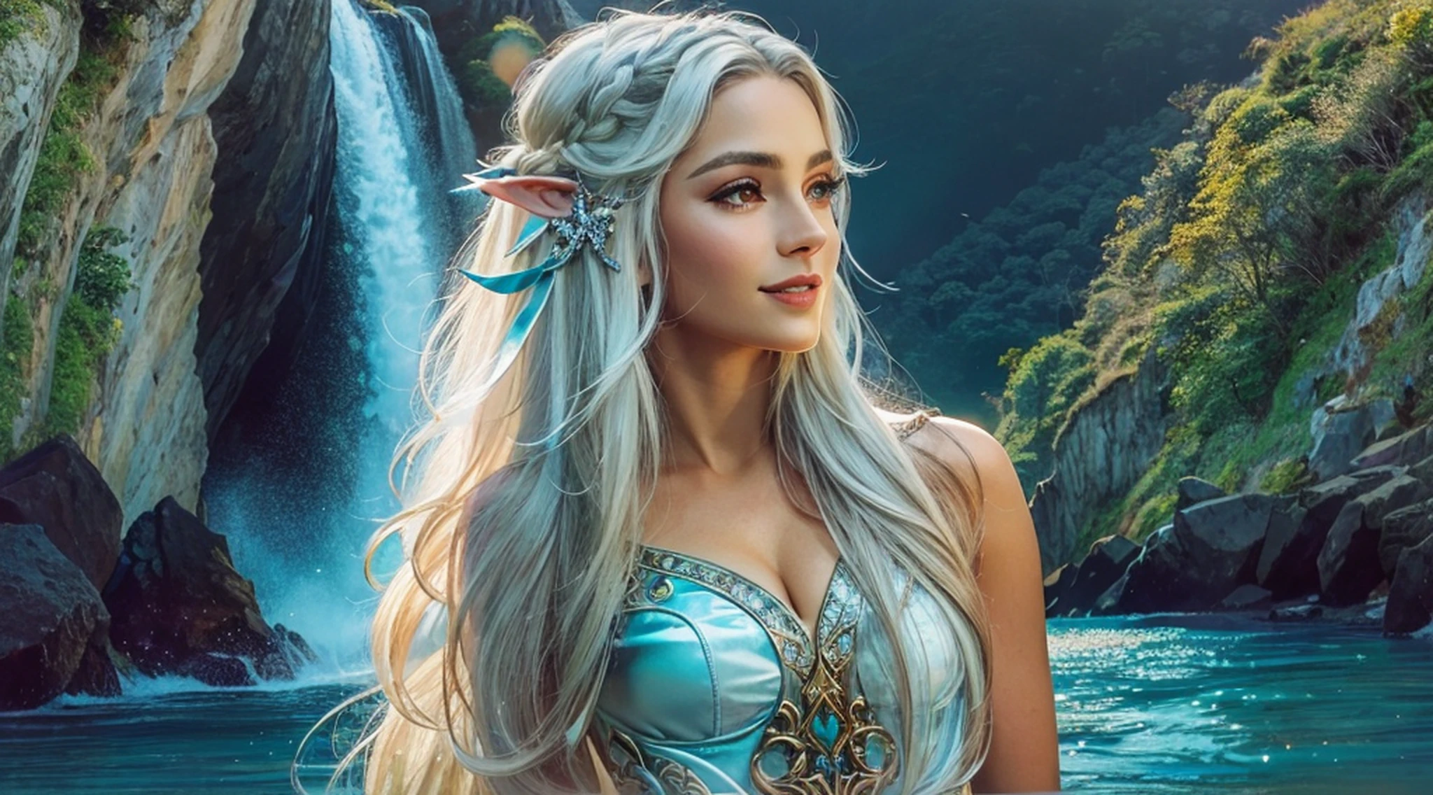 Apenas 1 mulher arafed em um vestido azul claro com uma cachoeira no fundo, corpo inteiro, muito bonito Top model do Rio de Janeiro, Handsome elven character with smile, Elven princess with long black hair, beautiful elven princess, Elven Queen Galadriel, cosplay realista, Imperatriz de cabelo preto longo, Rio de Janeiro, costume photo shoot, elfo feminino bonito e elegante