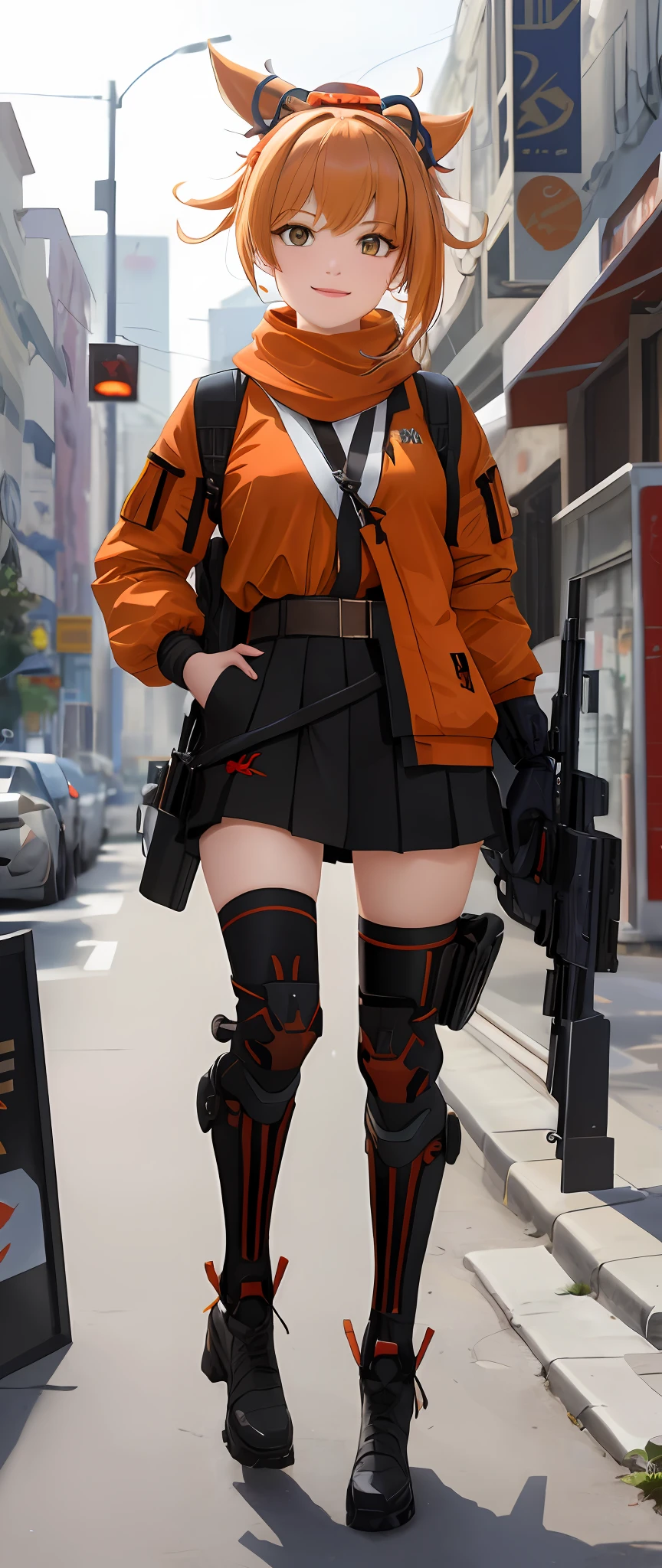 (masterpiece:1.2), (best quality:1.2), (ultra highres:1.2) ,(8k resolution:1.2),(sweet smile: 1.2),
sci-fi,girls frontline,near future,doomsday survival,
1 woman,orange hair tied ponytail , orange eyes ,
Armed with an assault rifle, Wearing a Black heavy military jacket with lots of pockets,Black stockings, yellow scarf,Waist carry military magazine,high-tech exoskeleton legs,Student uniform shirt and pleated skirt,Kneepads, Wristguards, Gloves,
KaalaOIutfit,