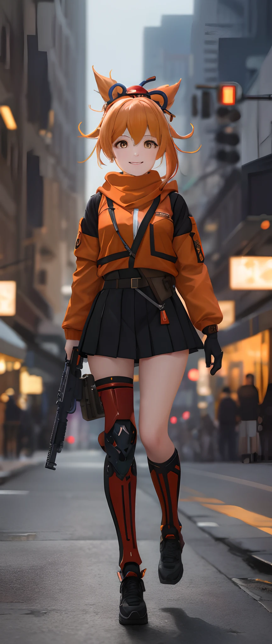 (masterpiece:1.2), (best quality:1.2), (ultra highres:1.2) ,(8k resolution:1.2),(sweet smile: 1.2),
sci-fi,girls frontline,near future,doomsday survival,
1 woman,orange hair tied ponytail , orange eyes ,
Armed with an assault rifle, Wearing a Black heavy military jacket with lots of pockets,Black stockings, yellow scarf,Waist carry military magazine,high-tech exoskeleton legs,Student uniform shirt and pleated skirt,Kneepads, Wristguards, Gloves,
KaalaOIutfit,