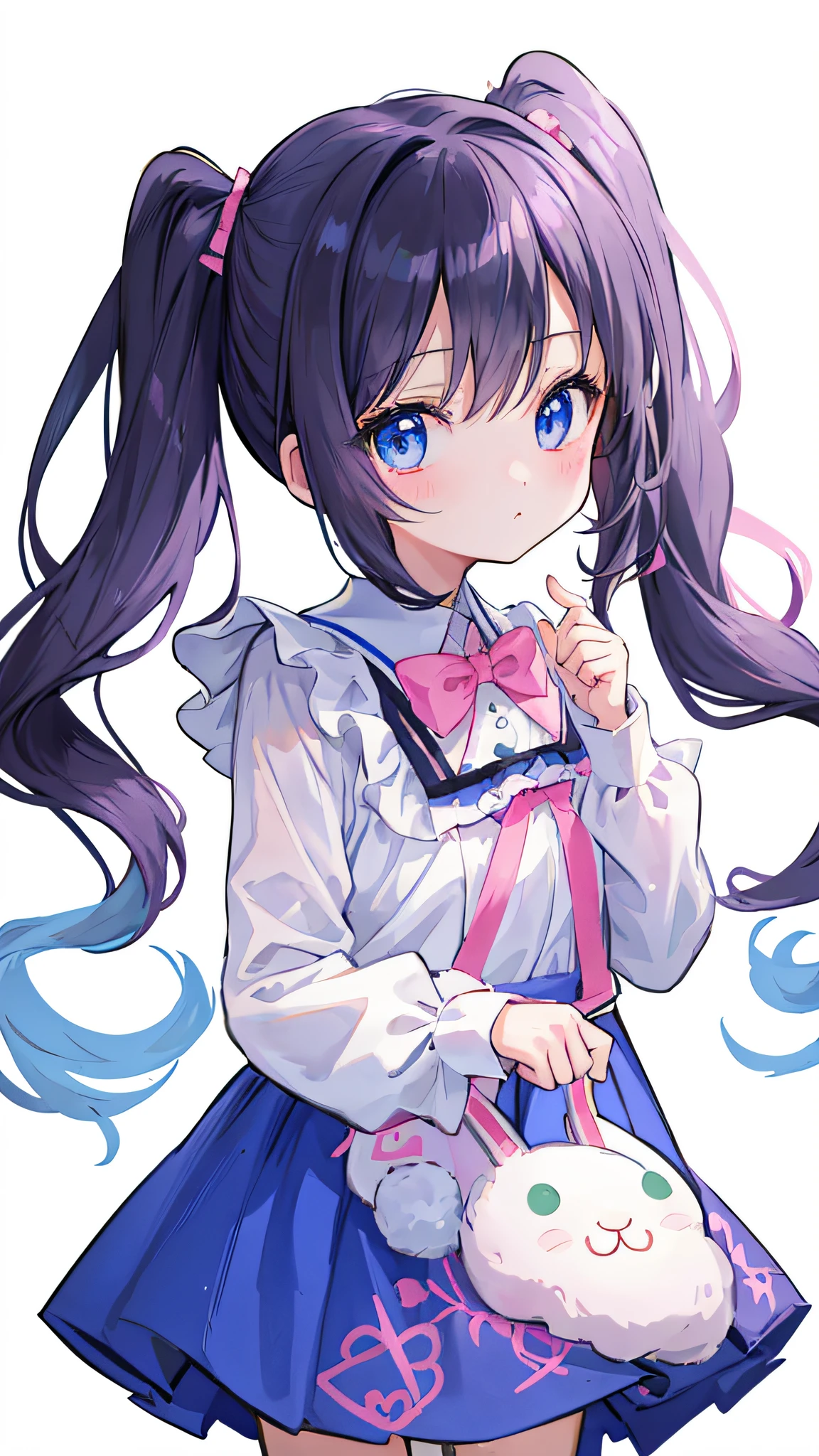 Beautiful illustration、top-quality、Cute  s、simple background、PastelColors、Petite、Twin tails with pink and black hair、Rabbit badge、Bright lighting、pale blue eyes