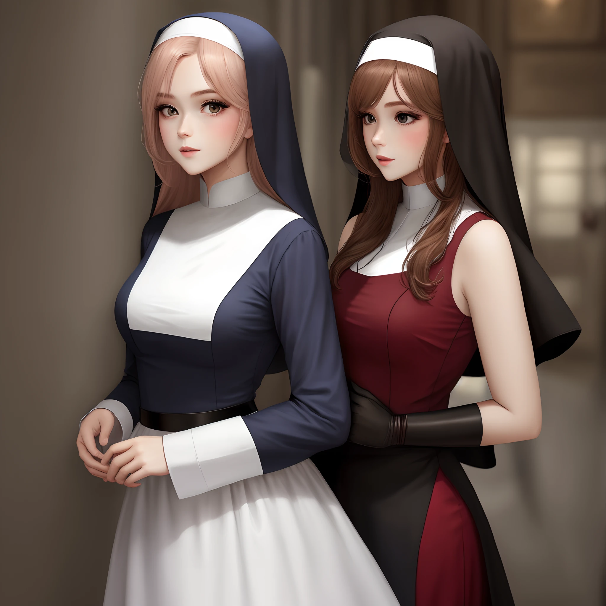 Dos chicas anime vestidas con vestidos de monja y cogidas de la mano -  SeaArt AI