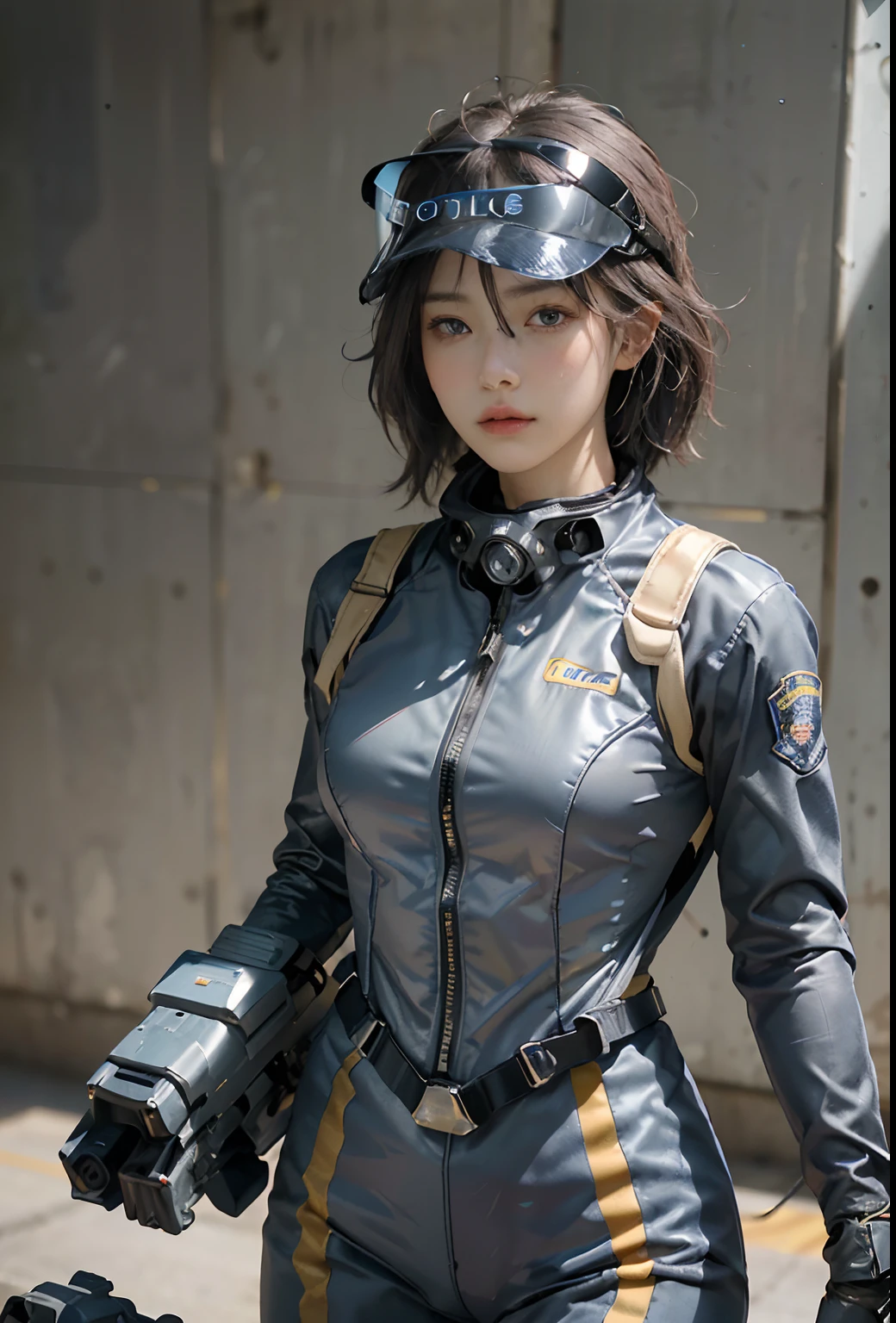 Highest image quality, outstanding details, ultra-high resolution, (realism: 1.4), the best illustration, favor details, highly condensed 1girl, with a delicate and beautiful face, ((cowboy shot)), (wearing racing suit likes police uniform, black and gray mecha, wearing a visor, military harness, grenades, holding a machinegun), background simple grey wall,