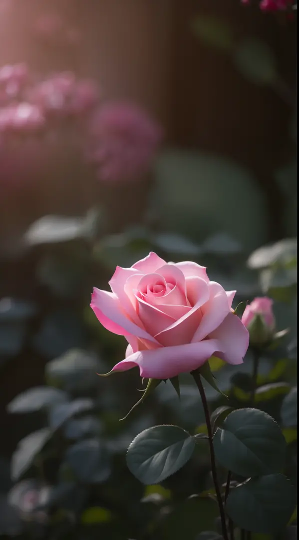 A pink rose grows among the bushes in the garden, Pink rose, roses in cinematic light, pink rosa, rose twining, photo of a rose,...