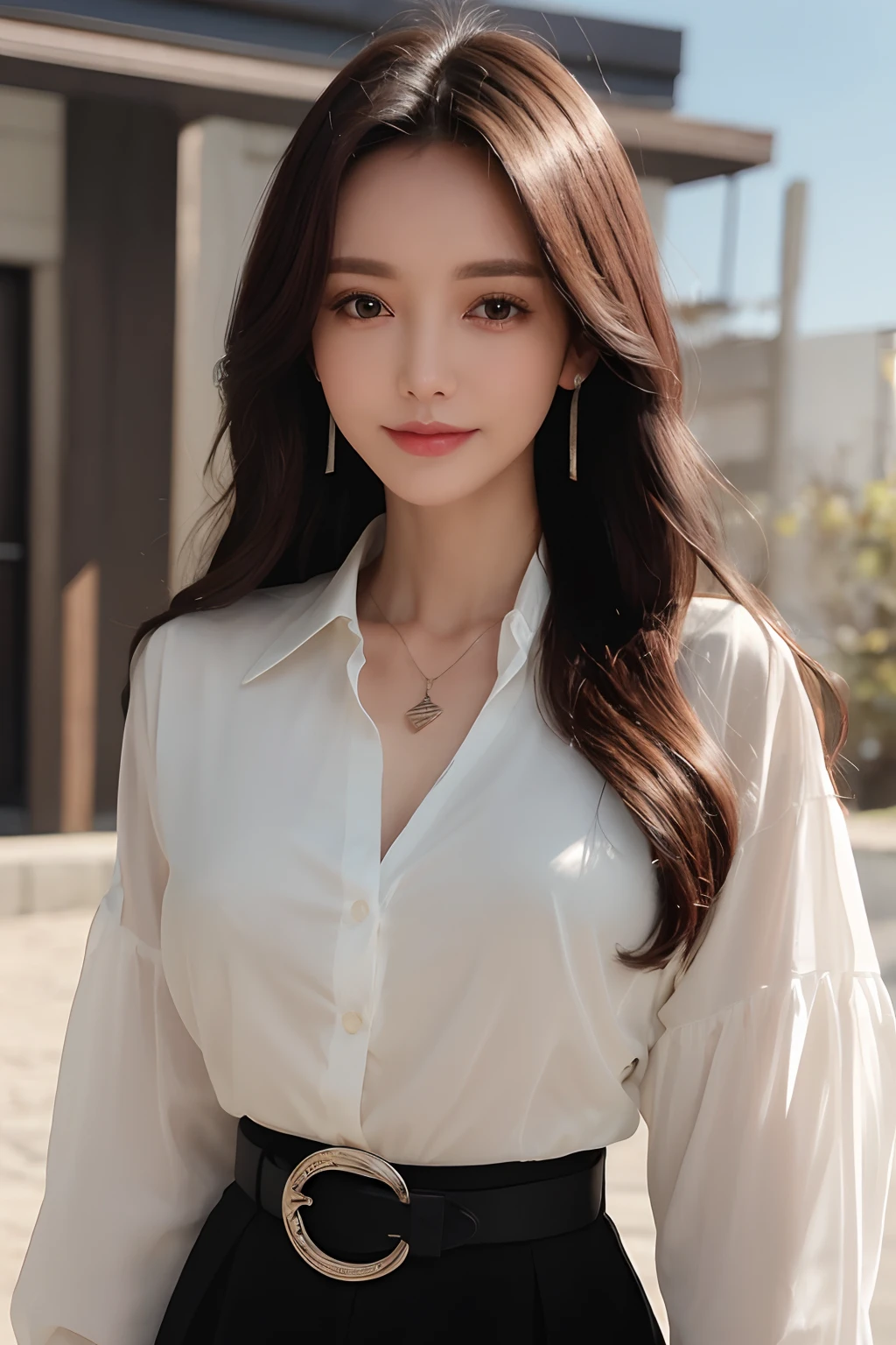 (top-quality、hight resolution、​masterpiece:1.3)、Tall and cute woman、Slender Abs、Dark brown hair styled in loose waveideum breasts、wearing a pendant、White see-through shirt、a belt、a black skirt、(Modern architecture in background)、Details exquisitely rendered in the face and skin texture、A detailed eye、double eyelid、a smile、