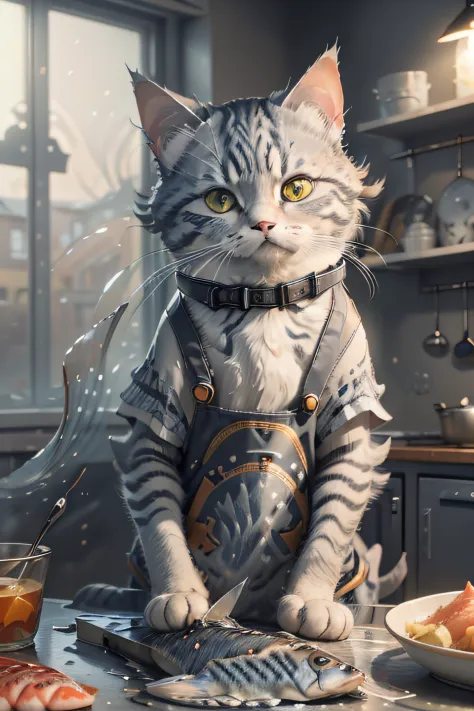 close-up photography of (grey tabby cat:1.2) (cuts the fish with a knife on the table:1.2), (c4ttitude:1.3), in glasstech kitchen, hyper realistic, intricate detail, (foggy:1.1), pov from below