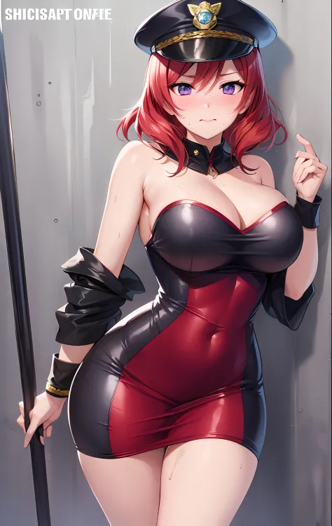 Nishikino maki, Purple eyes,red hair, curvy body, big breasts,((sexy short bodycon dress)), strapless , sleeveless, cleavage,bare shoulders, wrist band, police cap, holding Halberd, sweaty, blushing, standing, looking at viewer, prison,llchar, embarrassed