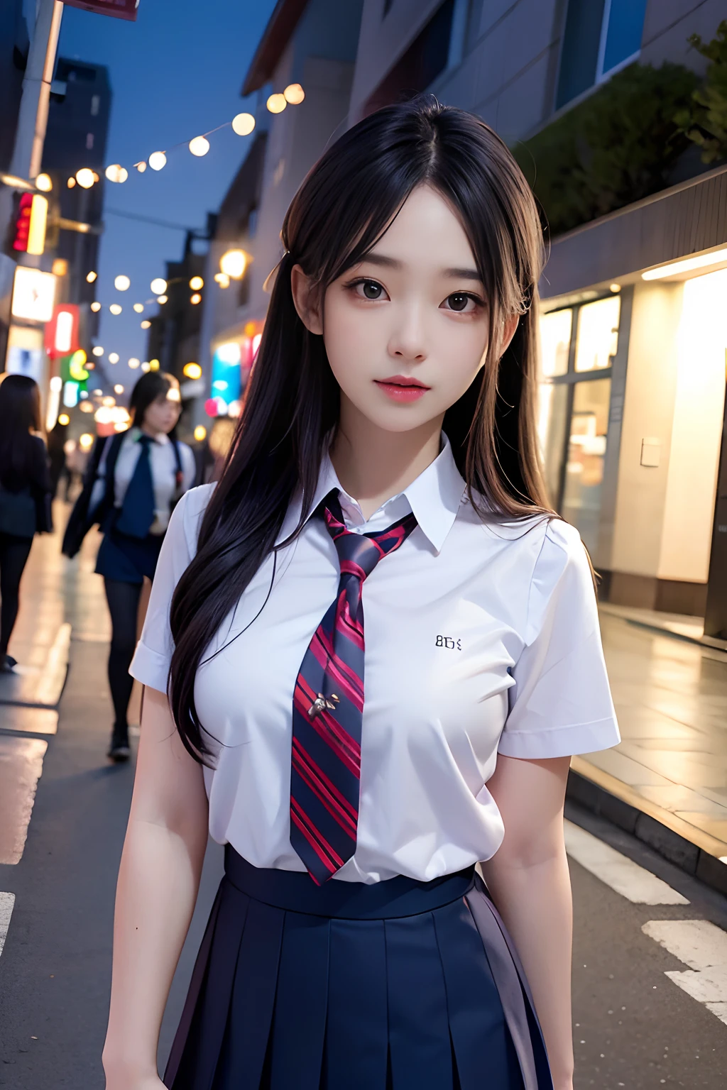 masutepiece, Hyper realistic, 8K, Bokeh, Fire Luminescent,hi-school girl、in 、Cute face、Standing on a street corner in Shibuya、