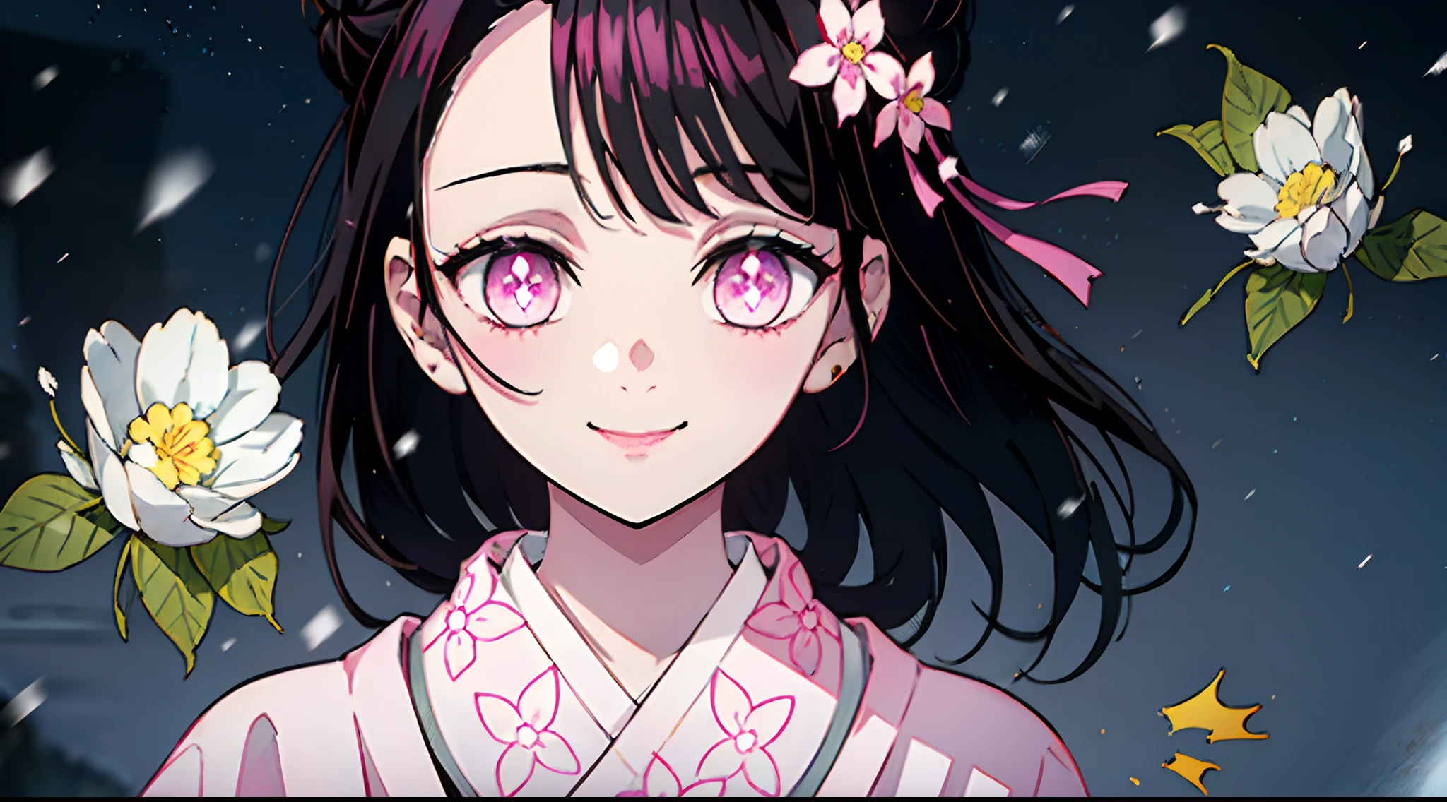 Kimetsu no Yaiba style, 1girl, solo, Smile, pink eyes, white pupils in the shape of flowers, black  hair, hair gathered in a bun, Fastened with a stud,  pink kimono, Obi Belt,   ((portraite of a)), snowing, Drifts, dark sky, Snowflakes fall, (tmasterpiece), (beste-Qualit), (overdetalization),(messy  hair),(illustartion), (a 1girl), (trendy clothes), stands, model, looks at the viewer, (interview), (Simple background), beautiful detail eyes, Gentle beautiful face, soaring, (high saturation), (Colorful splashes), Colorful Bubble, (radiance), facial focus, (radiance), better lighting, better shadow, (tmasterpiece, hiquality, beste-Qualit), 8k wall paper, super detaill,