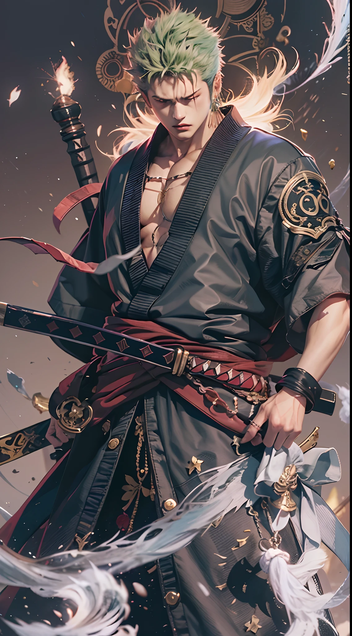 Personaje de anime con cabello verde con cicatriz en el ojo izquierdo sosteniendo 3 espadas 1 con la boca,kimono,japones,espadas legendarias japonesas,3 pendientes de oro, Roronoa Zoro, de una sola pieza, Ilustraciones HD, Chico guapo en el arte de Demon Slayer, Anime rudo 8K, Arte de Kentaro Miura, Okab Rintarou, pixiv, arte anime digital avanzado”, Fanart de alta calidad, Arte de fan, por Shitao, Kakyoin