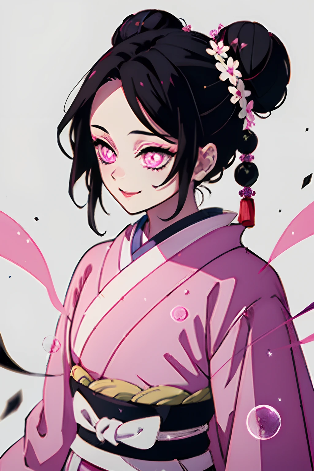 Kimetsu no Yaiba style, 1girl, solo, Smile, pink eyes, white pupils in the shape of flowers, black  hair, hair gathered in a bun, Fastened with a stud,  pink kimono, Obi Belt,   ((portraite of a)), snowing, Drifts, dark sky, Snowflakes fall, (tmasterpiece), (beste-Qualit), (overdetalization),(messy  hair),(illustartion), (a 1girl), (trendy clothes), stands, model, looks at the viewer, (interview), (Simple background), beautiful detail eyes, Gentle beautiful face, soaring, (high saturation), (Colorful splashes), Colorful Bubble, (radiance), facial focus, (radiance), better lighting, better shadow, (tmasterpiece, hiquality, beste-Qualit)