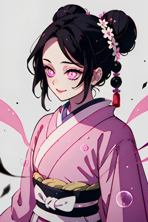 Kimetsu no Yaiba style, 1girl, 独奏, Smile, pink eyes, white pupils in the shape of flowers, black  hair, hair gathered in a bun, ...