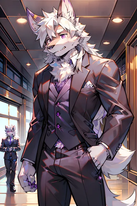 solo person，shaggy male，hairy bodies，shoun，coyote，canid，grey fur，Long white hair，The ends of the hair are purple，Purple eye，Bind...