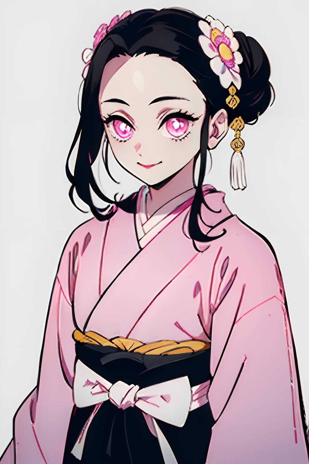 estilo kimetsu no yaiba, 1 chica, solo, sonrisa, Ojos rosados, pupilas blancas en forma de flores., pelo negro, pelo recogido en un moño, Sujetado con un perno,  kimono rosa, cinturón de obi,   ((retratos de un)), nevando, Deriva, dark sky, Caen los copos de nieve, (obra maestra), (mejor calidad), (sobredetalización),(pelo despeinado),(ilustración), (a 1 chica), (Vestuario a la moda), se encuentra, Model, mira al espectador, (entrevista), (fondo sencillo), Hermosos detalles ojos, Cara hermosa y gentil, Altísimo, (alta saturación), (salpicaduras de colores), burbuja colorida, (resplandor), Enfoque facial, (resplandor), mejor iluminación, mejor sombra, (obra maestra, alta calidad, mejor calidad)