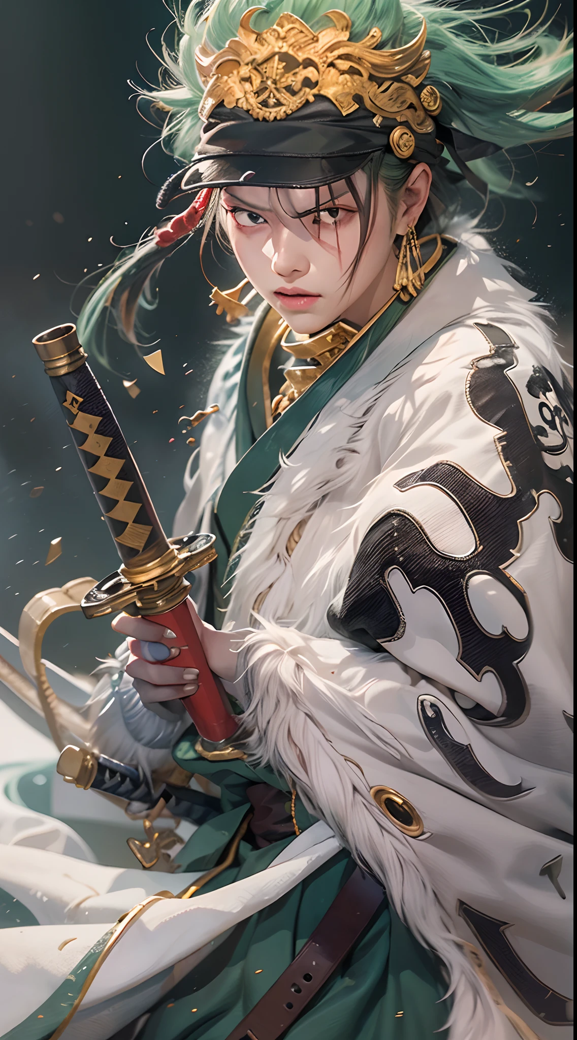 Anime character with green hair with scar on left eye holding 3 swords 1 with mouth,kimono,Japanese,espadas legendarias Japaneseas,3 gold earrings, Roronoa Zoro, one piece, HD Illustrations, Handsome boy in Demon Slayer art, Badass Anime 8K, Art by Kentaro Miura, Okab Rintarou, pixiv, advanced digital anime art ”, High quality fanart, Fan Art, from Shitao, Kakyoin