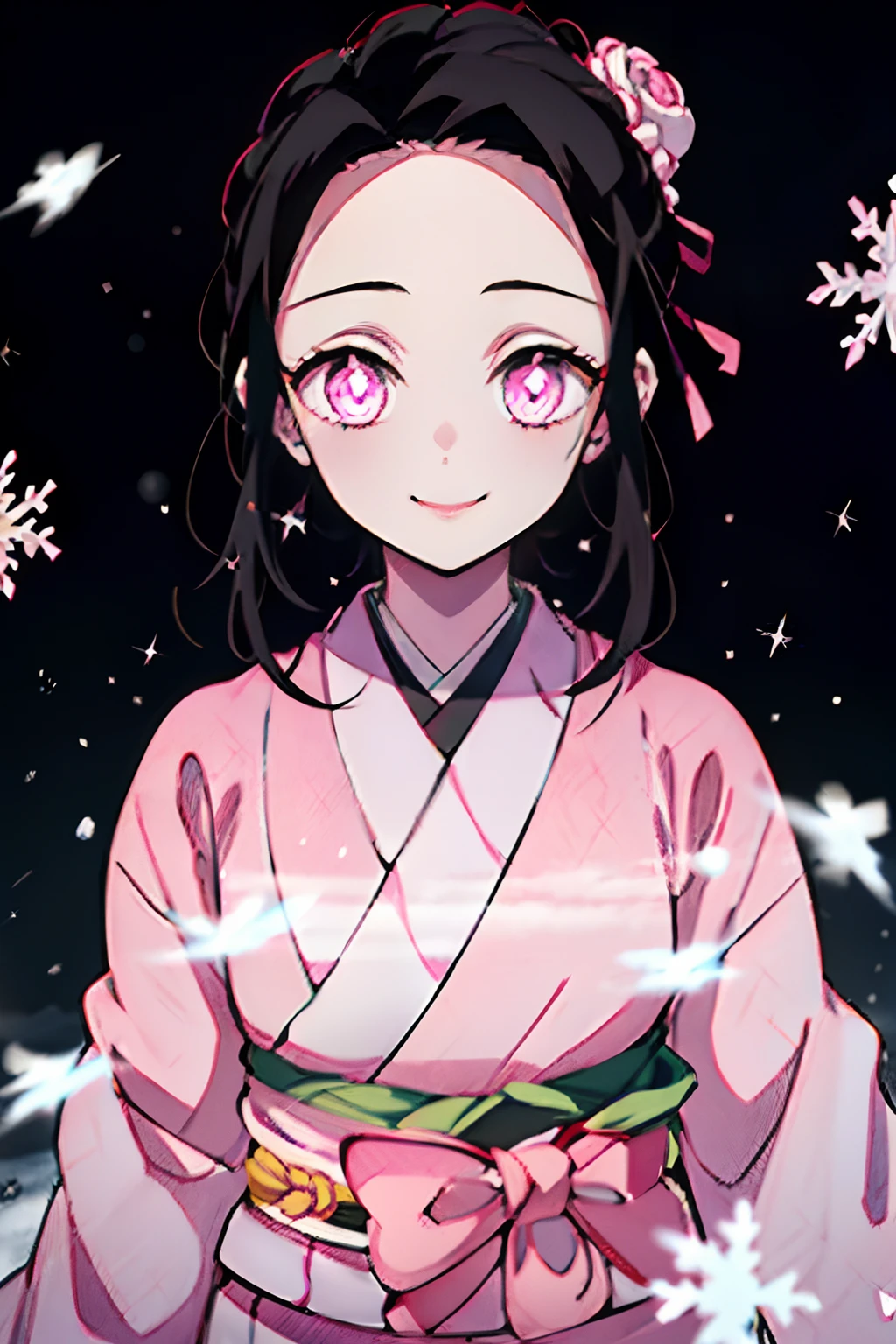 À la manière de Kimetsu no Yaiba, 1fille, solo, sourire, Yeux roses, pupilles blanches en forme de fleurs, cheveux noirs, cheveux rassemblés en chignon, Fixation à l’aide d’un clou,  Kimono rose, Ceinture Obi,   ((portraits d&#39;un)), il neige, Dérives, ciel sombre, Les flocons de neige tombent, (chef-d&#39;œuvre), (meilleure qualité), (surdétalisation),(les cheveux en désordre),(illustration), (a 1fille), (vêtements à la mode), des stands, Modèle, regarde le spectateur, (entretien), (fond simple), beaux yeux détaillés, Doux et beau visage, Envolée, (saturation élevée), (éclaboussures colorées), bulle colorée, (éclat), mise au point du visage, (éclat), meilleur éclairage, meilleure ombre, (chef-d&#39;œuvre, haute qualité, meilleure qualité)