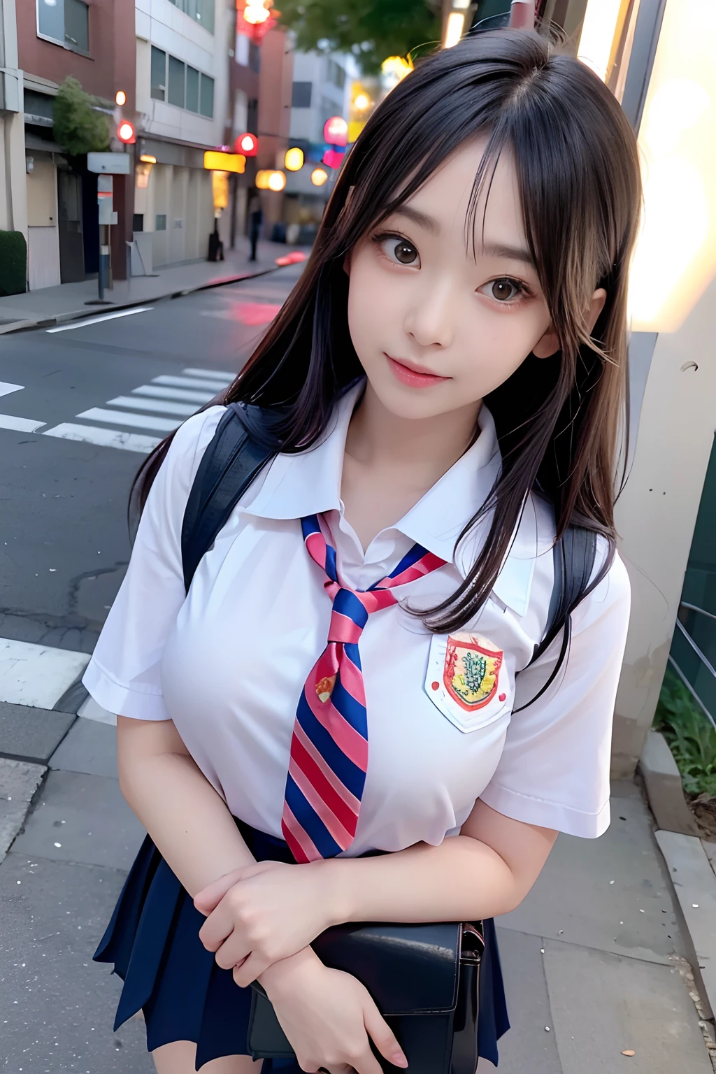 masutepiece, Hyper realistic, 8K, Bokeh, Fire Luminescent,hi-school girl、in 、Cute face、Standing on a street corner in Shibuya、