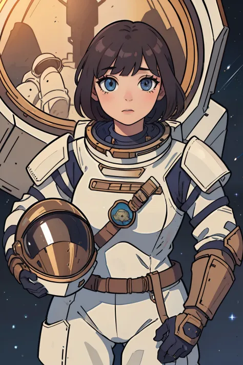 professional artwork, detailed eyes, beautiful eyes, beautiful face, flawless face, gorgeous face, smooth features, blush, short hair, unhelmeted head, beautifully detailed background, woman in armored space suit holding space helmet in her hands, space su...