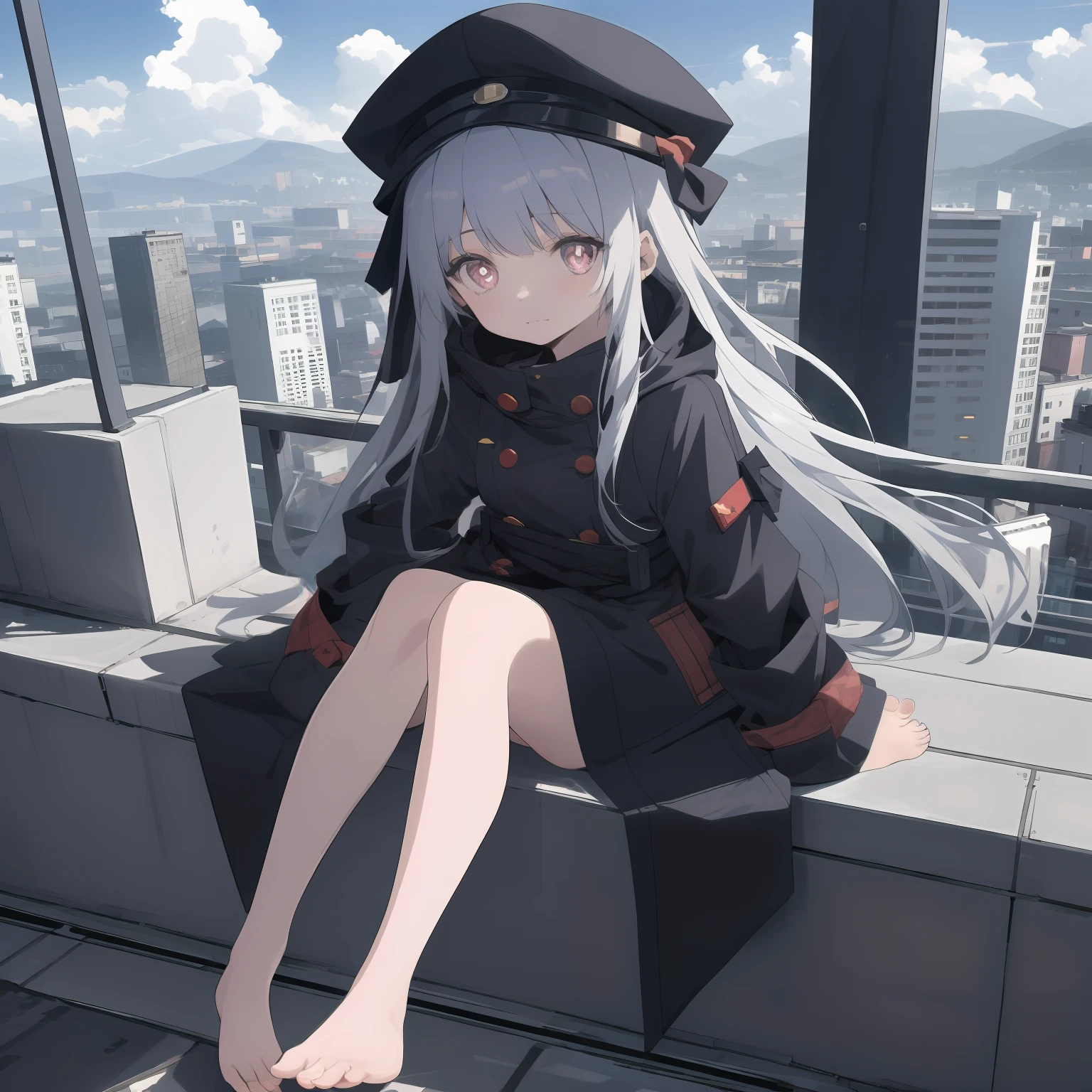 quadratic element，white long straight hair，red pupils，，Fourteen years old，a black trench coat，The barefoot，no headwear，The soles of the feet are aligned with the screen，Sitting on a gray roof, overcast day，anime style cityscape, modern anime style，Anime moe art style