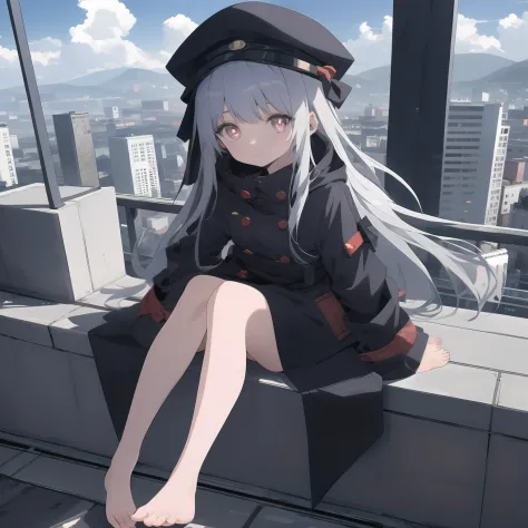 quadratic element，white long straight hair，red pupils，Loli，Fourteen years old，a black trench coat，The barefoot，no headwear，The s...