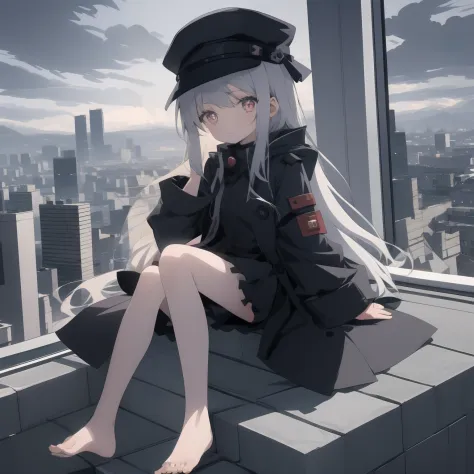 quadratic element，white long straight hair，red pupils，Loli，Fourteen years old，a black trench coat，The barefoot，no headwear，The s...