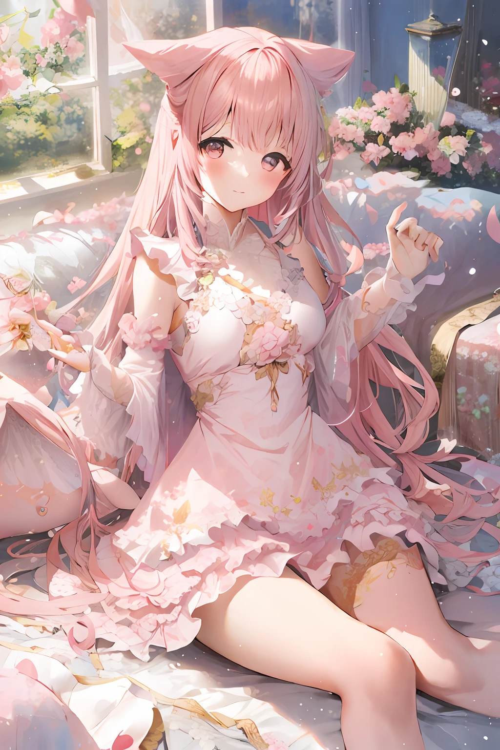 Anime girl sitting on bed with pink flowers in pink dress, cute anime waifu in a nice dress, Guweiz in Pixiv ArtStation, beautiful fantasy anime, Guviz, Guweiz on ArtStation Pixiv, Beautiful anime girl, Anime goddess, 8K high quality detailed art, loli in dress, trending on artstation pixiv