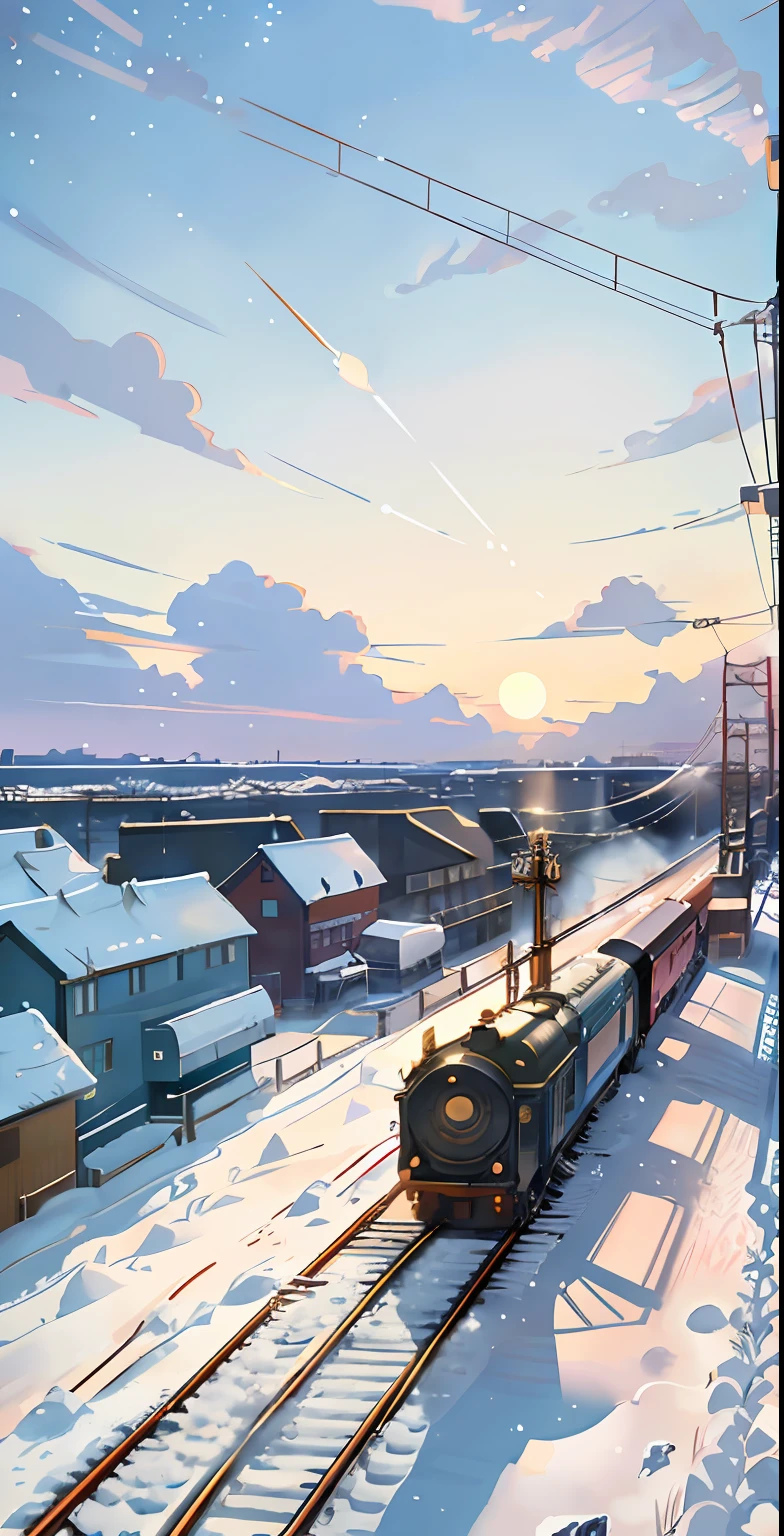 There is a train running along the tracks in the snow, Makoto Shinkai&#39;s concept art, tumblr, magic realism, beautiful anime scenes, cosmic sky. by makoto shinkai, ( ( makoto shinkai ) ), anime background art, anime backgrounds, Makoto Shinkai&#39;s style, anime movie backgrounds, galaxy express, no humans.