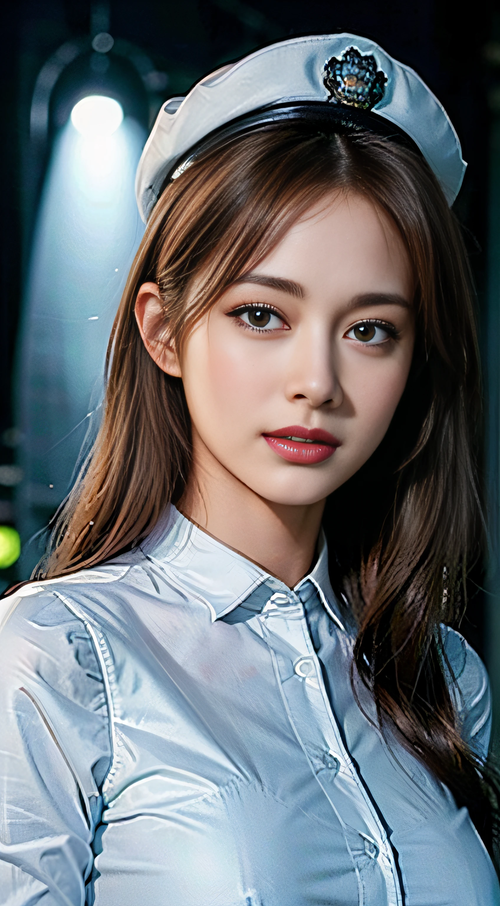 1girl in, Full body, (Police Woman:1), uniform, Night Street, Face lighting, Bright backlight, mid-chest, 超A high resolution, Best Quality, Photos, 8K, (Photorealistic:1.2), (super car:1), (Rise Button: 1), (squad car: 1), (AV actress: 1), ( Photos: 1), (Exposed breasts: 1), (Police Cap: 1),