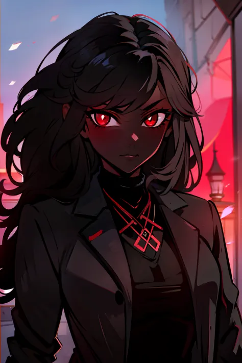 female, black skin, short curly dark black hair, red eyes, vampire, black coat, grimdark, black anime manga girl