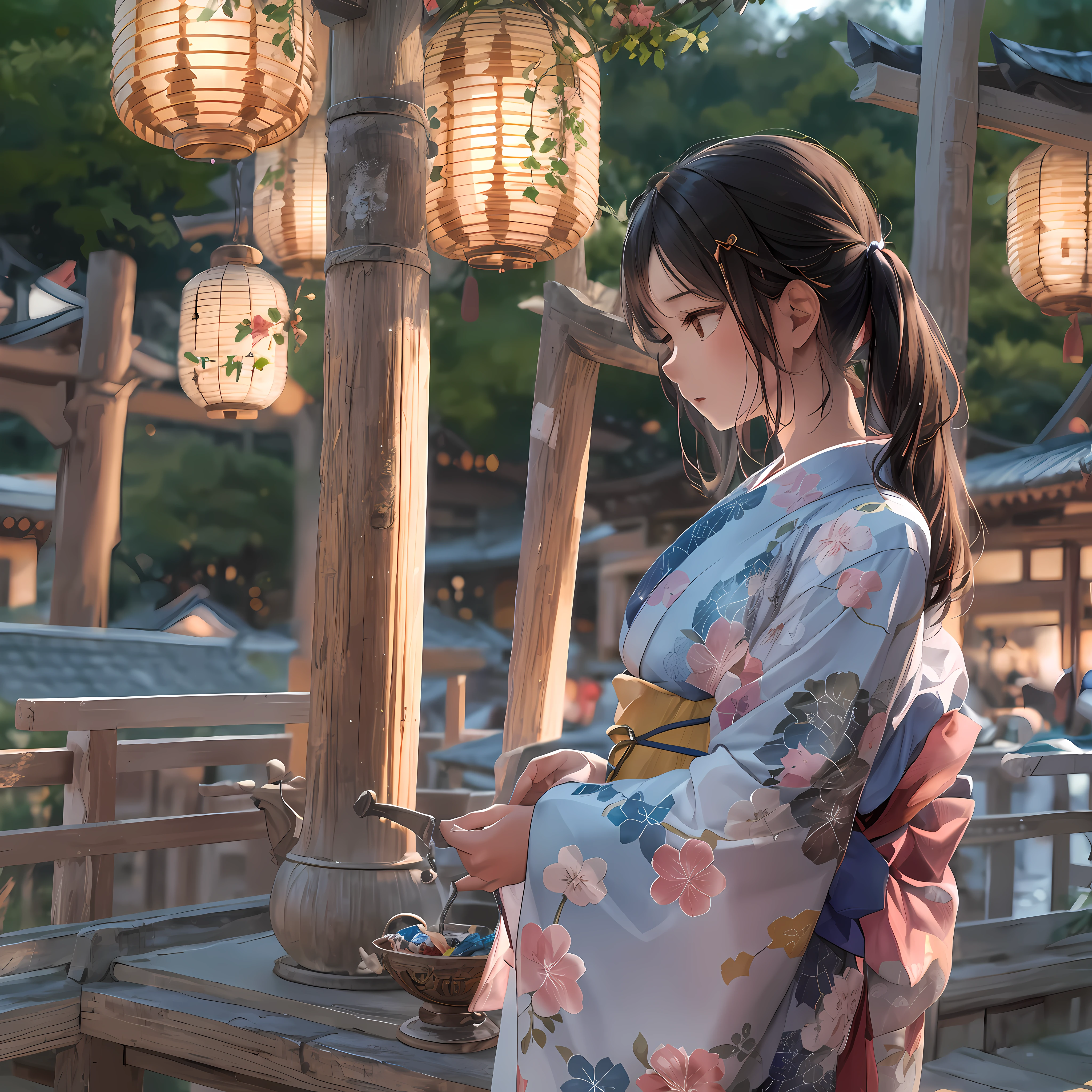 While the sunset casts gentle light on the shrine、A teenage girl in a yukata is standing。The yukata she wears is、Artistic pattern painted in high resolution、It has a detailed design。The fabric of the yukata that flutters in the breeze、Colorful and beautiful、Among them her figure stands out。The photo taken from the side is、Her graceful poses and shrine scenery harmonize、It leaves the impression of a wide work of art.、hight resolution、high-level image quality、8k、16k