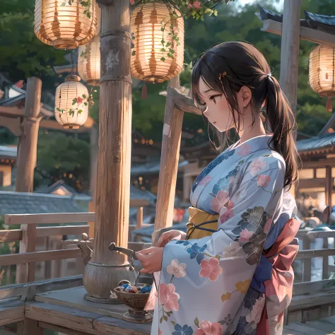 While the sunset casts gentle light on the shrine、A teenage girl in a yukata is standing。The yukata she wears is、Artistic pattern painted in high resolution、It has a detailed design。The fabric of the yukata that flutters in the breeze、Colorful and beautifu...