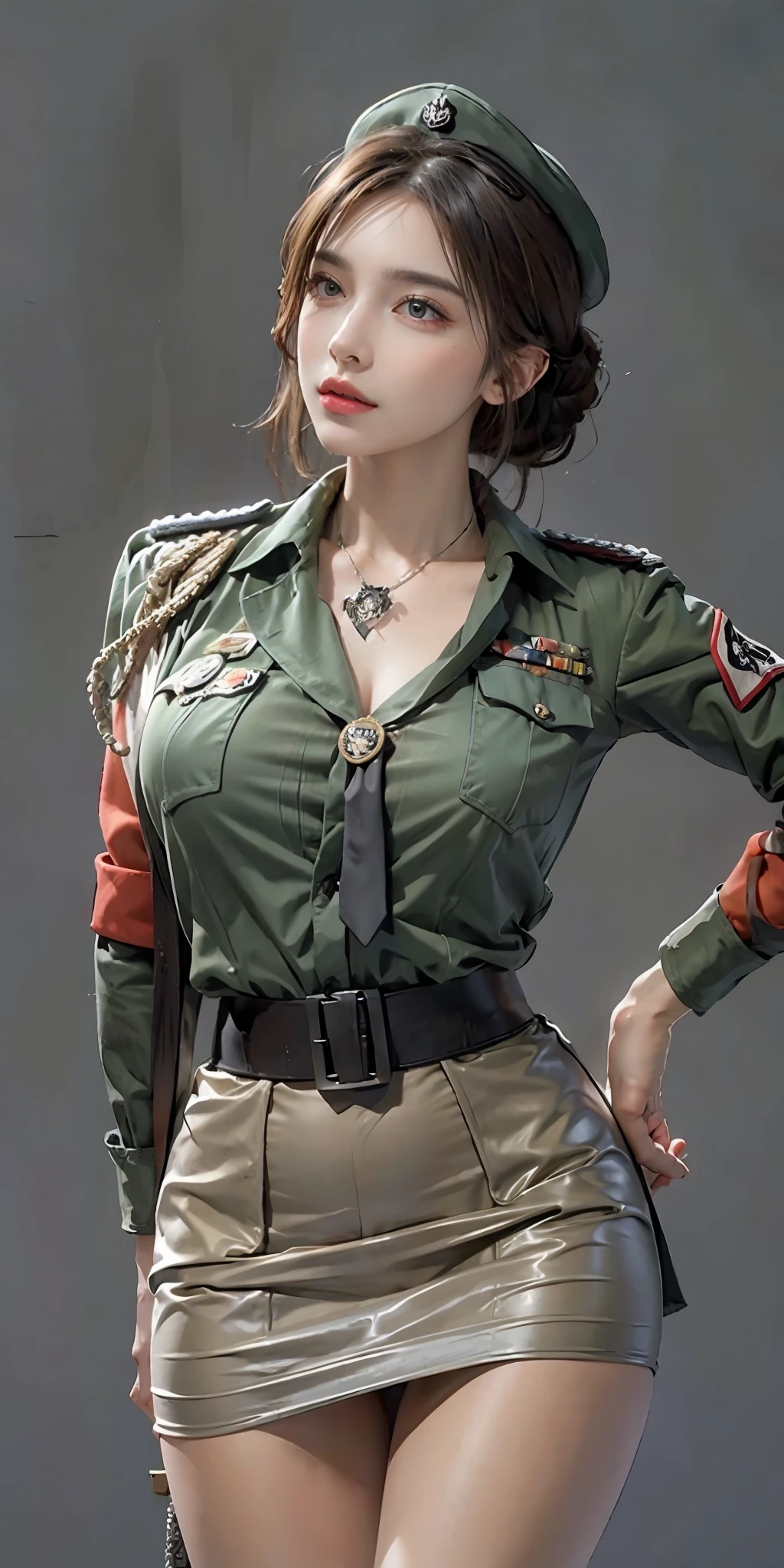 photorealistic, high resolution, soft light,1women, solo, hips up, (detailed face),tattoo, jewelry, badge, necktie, german/(military uniform/), pencil skirt