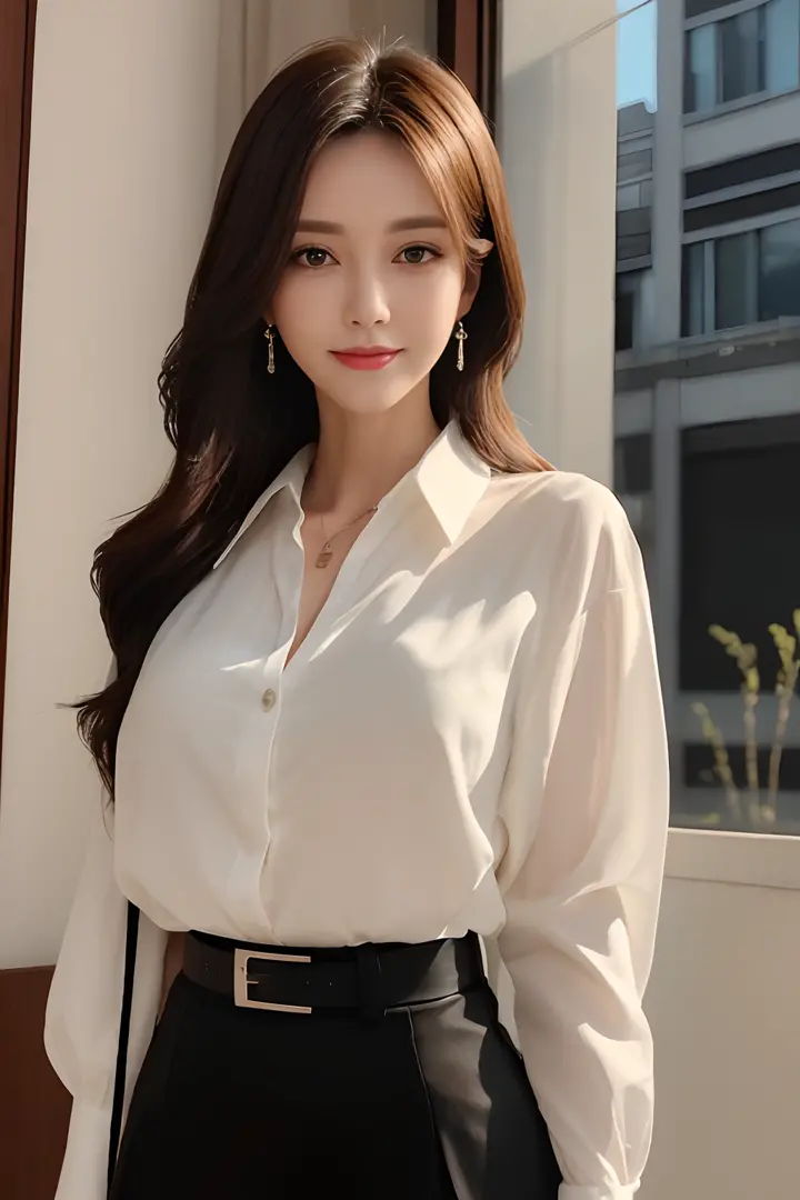 (top-quality、hight resolution、​masterpiece:1.3)、Tall and cute woman、Slender abs、Dark brown hair styled in loose waves、mideum breasts、Wearing a pendant、White see-through shirt、a belt、a black skirt、(Modern architecture in background)、Details exquisitely rend...