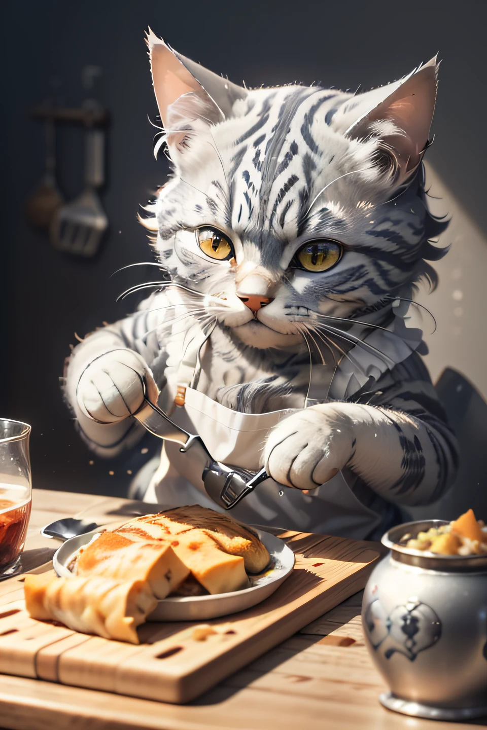 التصوير الفوتوغرافي عن قرب (قطة العانس الرمادية تقوم بإعداد الطعام على الطاولة:1.2), (c4ttitude:1.3), في المطبخ الزجاجي, تفاصيل شديدة الواقعية ومعقدة, (ضبابي:1.1), بوف من بايكسو