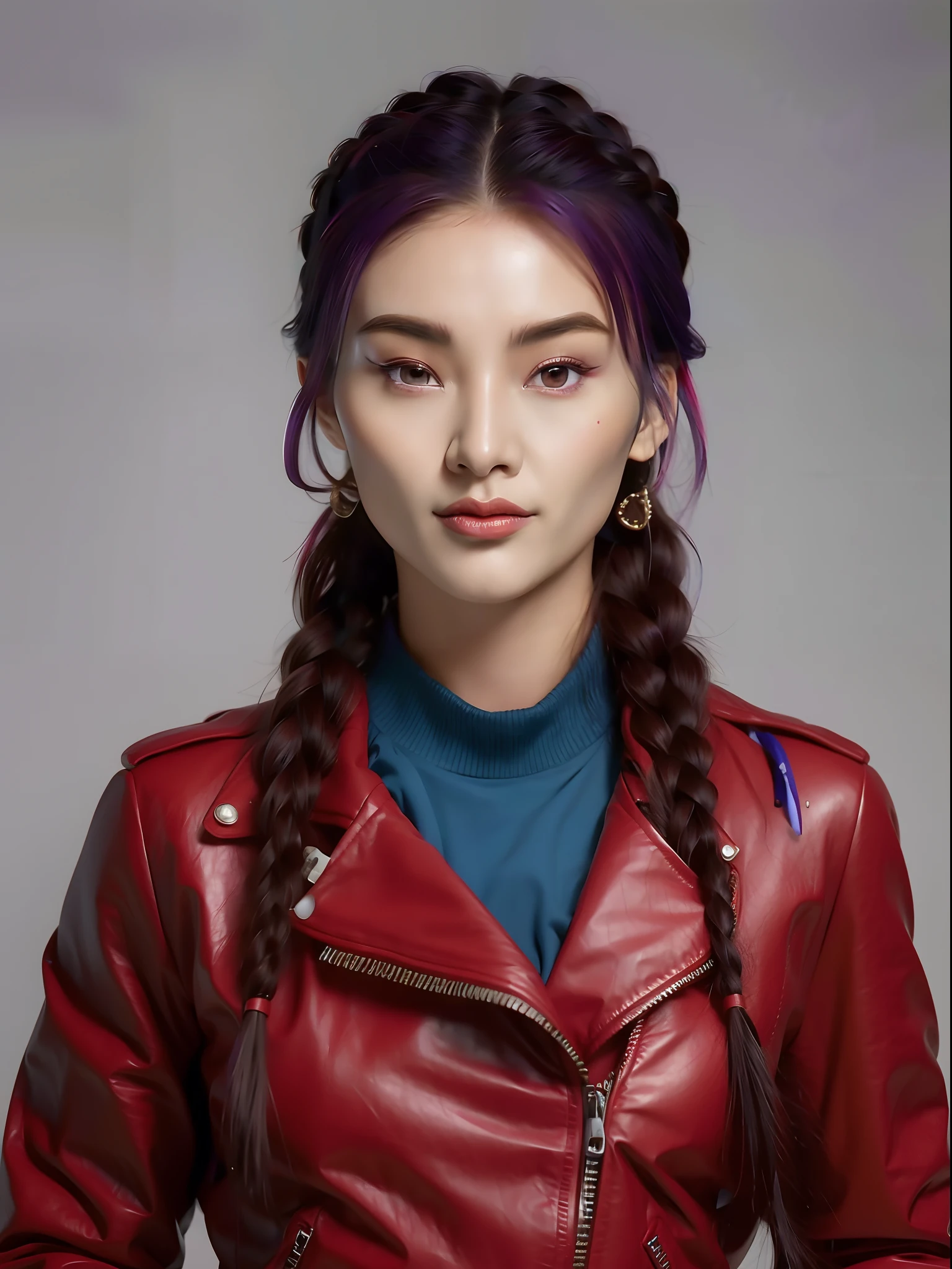 Araki woman with purple hair in a red leather jacket, portrait of female korean idol, realistic art style, Rendu portrait 8k, Realistic anime 3 D style, realism art style, Realistic. Cheng Yi, inspired by Yanjun Cheng, photorealistic art style, anime realism style, Guviz-style artwork, photorealistic anime girl rendering