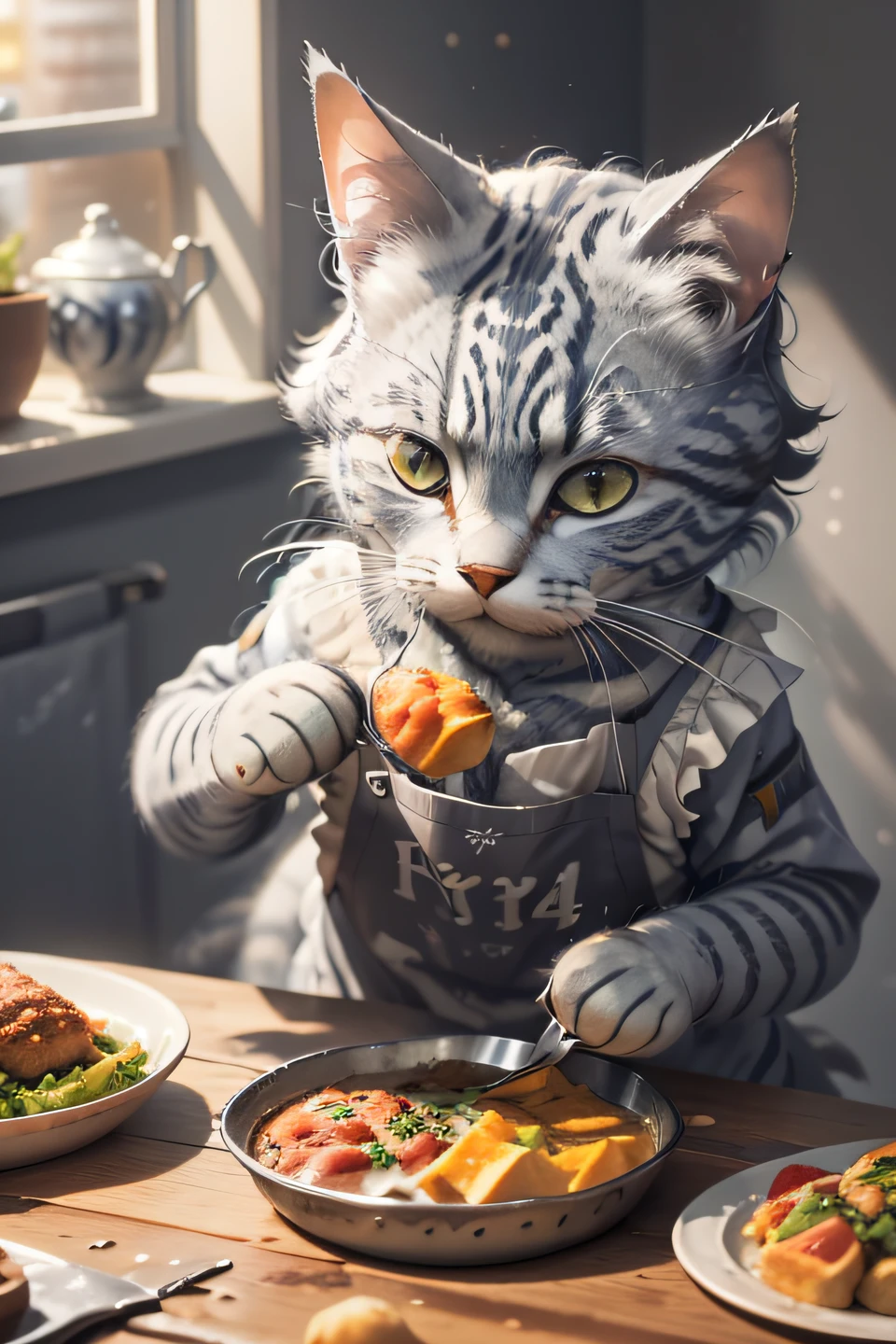 photographie en gros plan de (Le chat tigré gris prépare de la nourriture sur la table:1.2), (c4ttitude:1.3), dans la cuisine glasstech, détails hyper réalistes et complexes, (brumeux:1.1), pov d&#39;en bas
