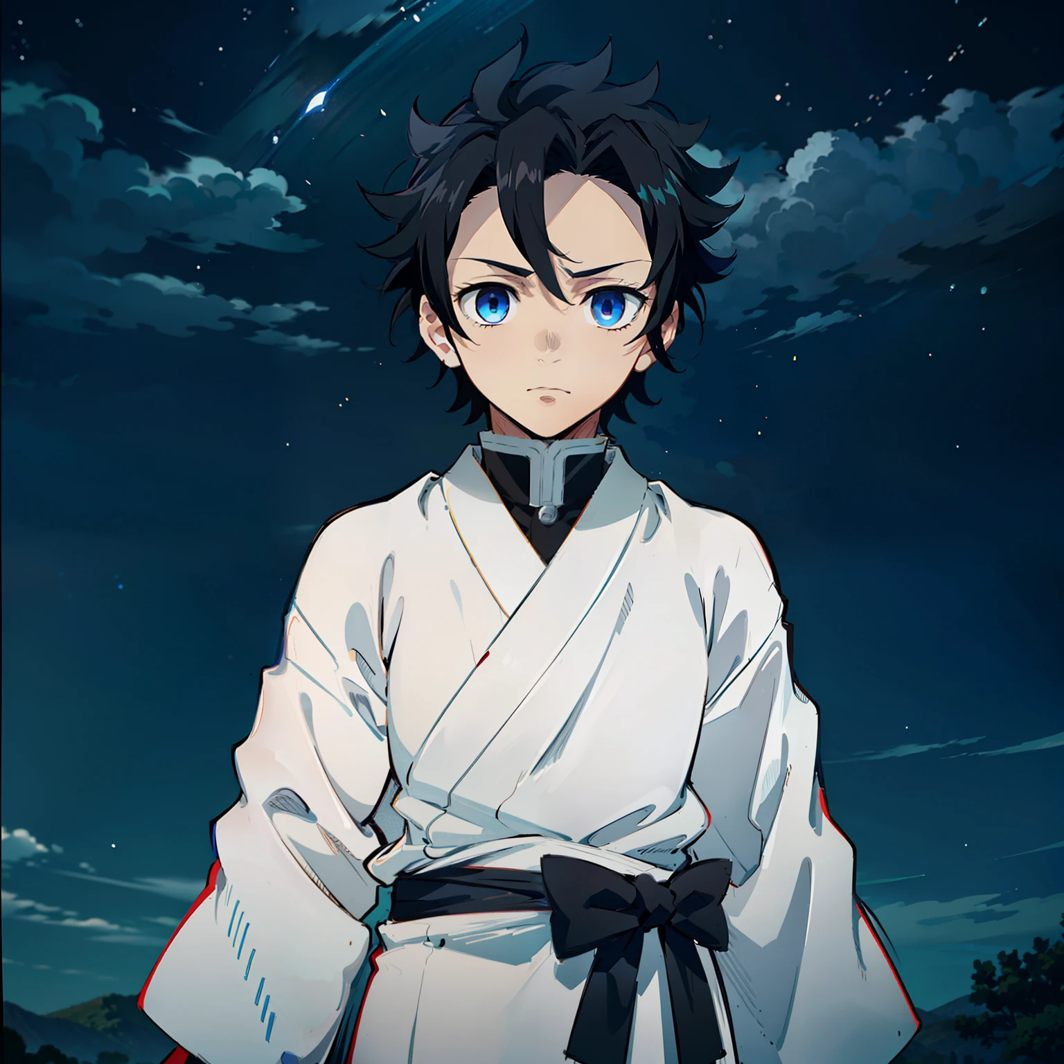 the anime, (Best Quality), ((1 adult boy)), (((male focus))), ((muscled body)), Akaza (Hakuji) AB: kimetsu no yaiba, stands, looks at the starry sky, ((Ultra-short black hair)), ((Impassive blue eyes)), (((Hair back))), (((open forehead))), Inflated body, japanese clothes, white kimono, a waist belt, looks at the viewer, The Art of the Demon Slayer, demon slayer artstyle, kimetsu no yaiba