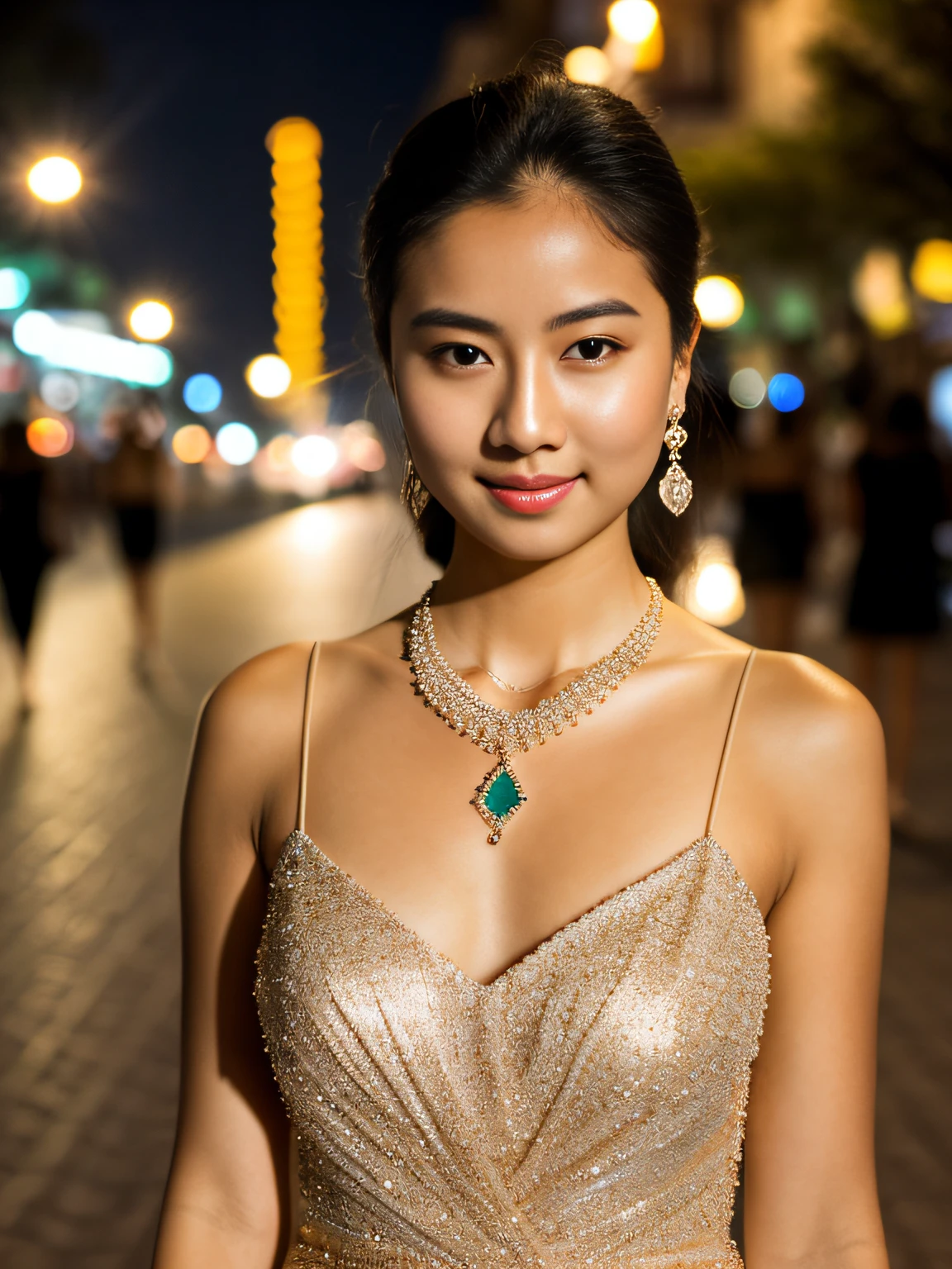 RAW 照片, 晚上站在街上的女人, (高细节皮肤:1.2), 8 库尔德, 数码单反相机, 柔和的灯光, 高质量, 上半身特写, 穿着优雅的礼服, 大宝石项链