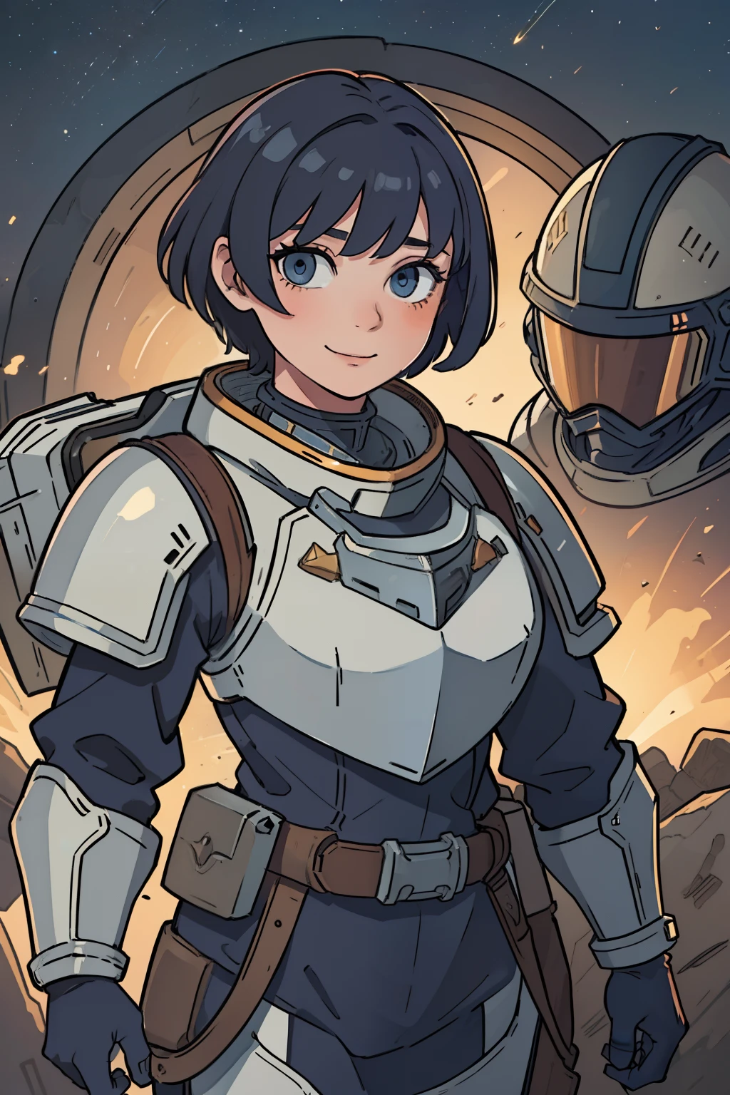 professional artwork, detailed eyes, beautiful eyes, beautiful face, flawless face, gorgeous face, smooth features, blush, short hair, very short hair, pixie cut, dark blue hair, unhelmeted head, beautifully detailed background, woman in armored space suit holding space helmet in her hands, space suit looks like knight armor, space suit, thick heavy space suit, environment suit, hoses and tubes on suit, dials and switches, mecha suit, space suit backpack, nasa, nasa punk, nasapunk, astronaut, cosmonaut, medieval knight, knight armor, leather armor and metal armor, mechanical background, sci fi, science fiction, futuristic, fantasy armor, full plate armor, medieval armor, knight helmet, knight visor, grilled faceplate, large helmet, oversized helmet, very large helmet, heavy collar, rustic material, heavy stitching, thick leathers, armored breastplate, armored chest, leather gloves, rustic craftsmanship, adventurous, adventure, cute, smiling, sword