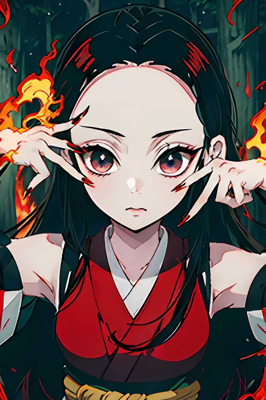 Kimetsu no yaiba style, 1人の女の子, ソロ, 黒い目, 明るい赤毛, 非常に長い髪,   ((傑作)), ((の肖像画)), 森は燃えている, 燃えているレッソロ, 夜,  ((傑作)), (((高品質))), 和服, 黒い着物, ノースリーブ, 取り外し可能な袖, 黒い爪, 青い影,  ((傑作)), ((の肖像画)),