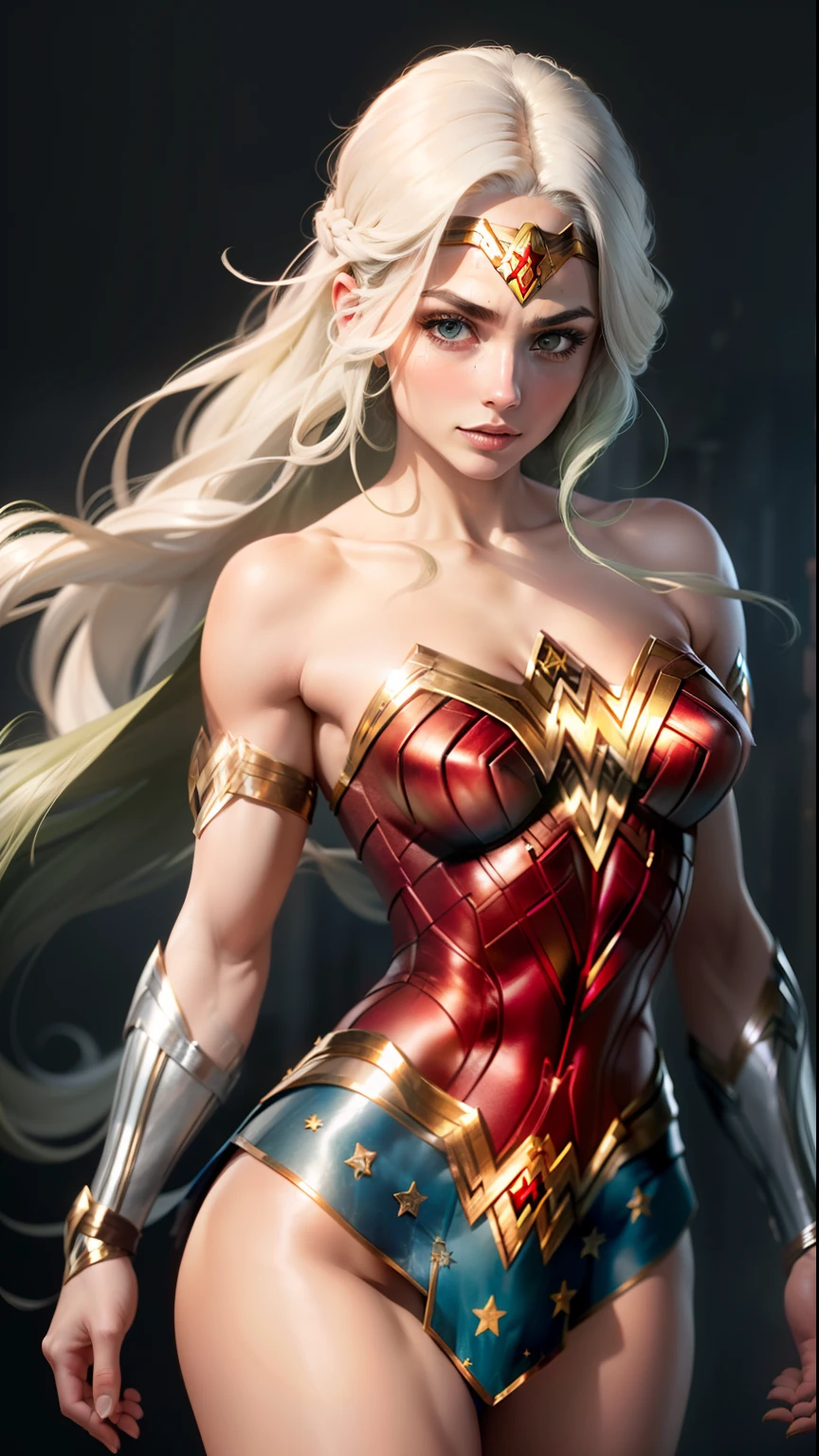 "((Meilleure qualité,meilleur éclairage)), Modèle mignon avec de longs cheveux blancs et un corps athlétique, abdomen détaillé (((portant la WONDER-WOMAN))), seins accentués et mis en valeur, pose dynamique, fond coloré, saturation élevée, lumières vibrantes." tout le corps (((Cheveux blancs et verts))) ((mains détaillées)) (((25 ans)))