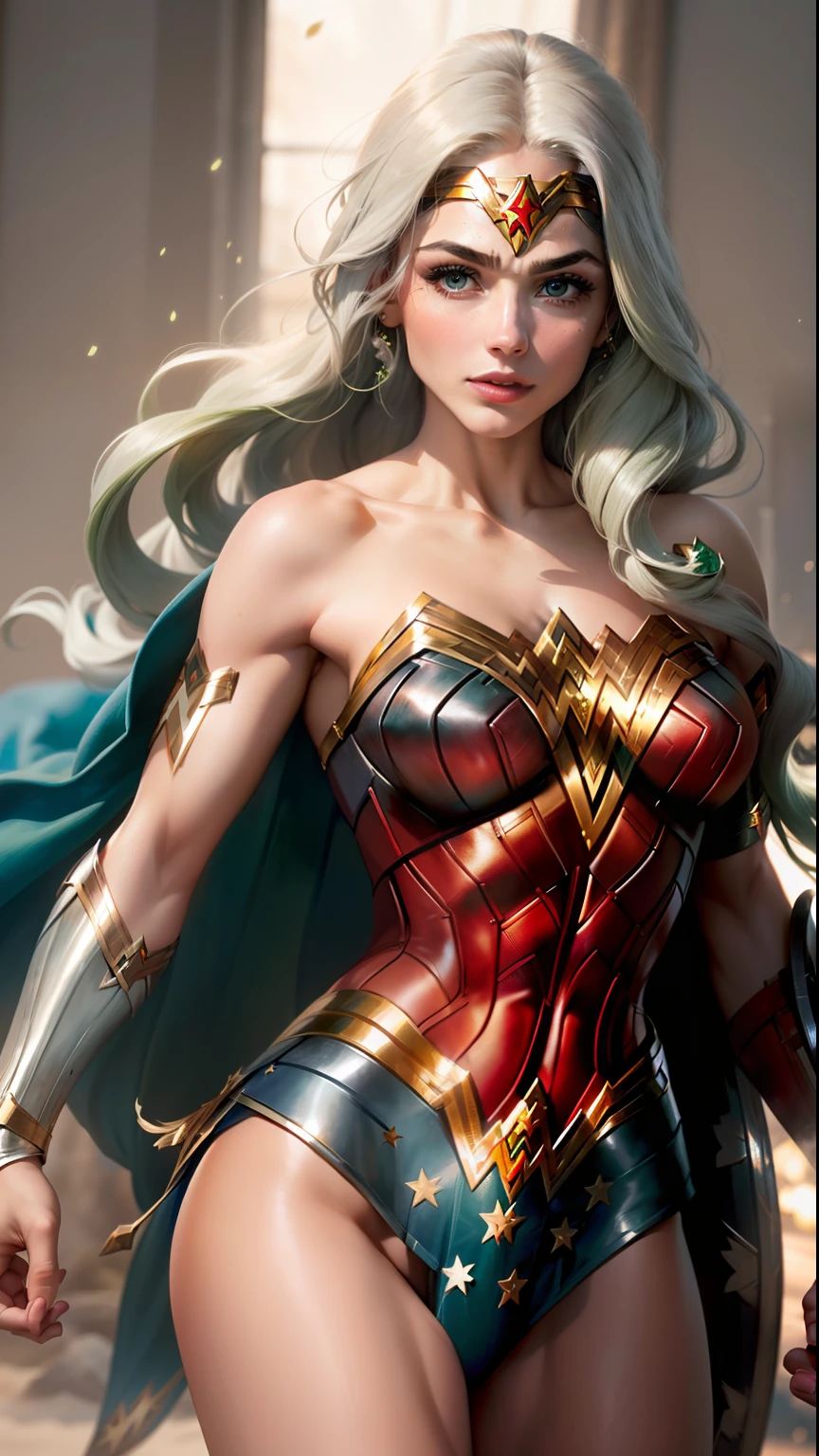 "((Meilleure qualité,meilleur éclairage)), Modèle mignon avec de longs cheveux blancs et un corps athlétique, abdomen détaillé (((portant la WONDER-WOMAN))), seins accentués et mis en valeur, pose dynamique, fond coloré, saturation élevée, lumières vibrantes." tout le corps (((Cheveux blancs et verts))) ((mains détaillées)) (((25 ans)))