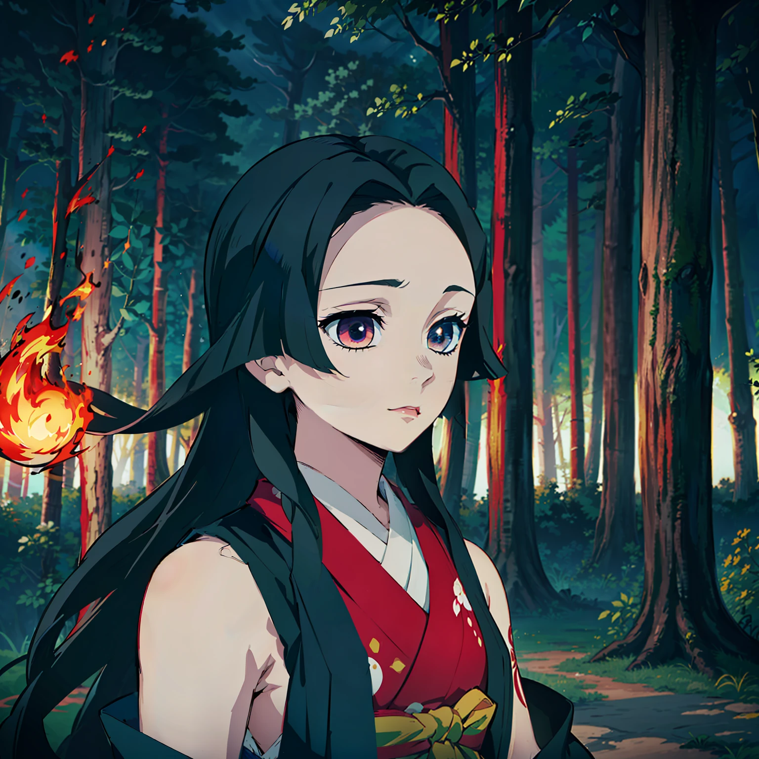 Kimetsu no Yaiba style, 1girl, 独奏, kblack eyes, bright red hair, extra very long hair,   ((Masterpiece)), ((portraite of a)), The forest is on fire, Lessolo on fire, the night,  ((Masterpiece)), (((hiquality))), japanese clothes, black kimono, Sleeveless, detached sleeves, black nails, blue shadows