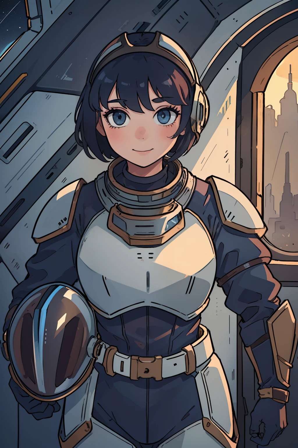 professional artwork, detailed eyes, beautiful eyes, beautiful face, flawless face, gorgeous face, smooth features, blush, short hair, very short hair, pixie cut, dark blue hair, unhelmeted head, beautifully detailed background, woman in armored space suit holding space helmet in her hands, space suit looks like knight armor, space suit, thick heavy space suit, environment suit, hoses and tubes on suit, dials and switches, mecha suit, space suit backpack, nasa, nasa punk, nasapunk, astronaut, cosmonaut, medieval knight, knight armor, leather armor and metal armor, mechanical background, sci fi, science fiction, futuristic, fantasy armor, full plate armor, medieval armor, knight helmet, knight visor, grilled faceplate, domed helmet, domed visor, large helmet, heavy collar, vacuum seal ring around neck, life support systems, rustic material, heavy stitching, thick leathers, armored breastplate, armored chest, leather gloves, rustic craftsmanship, adventurous, adventure, cute, smiling