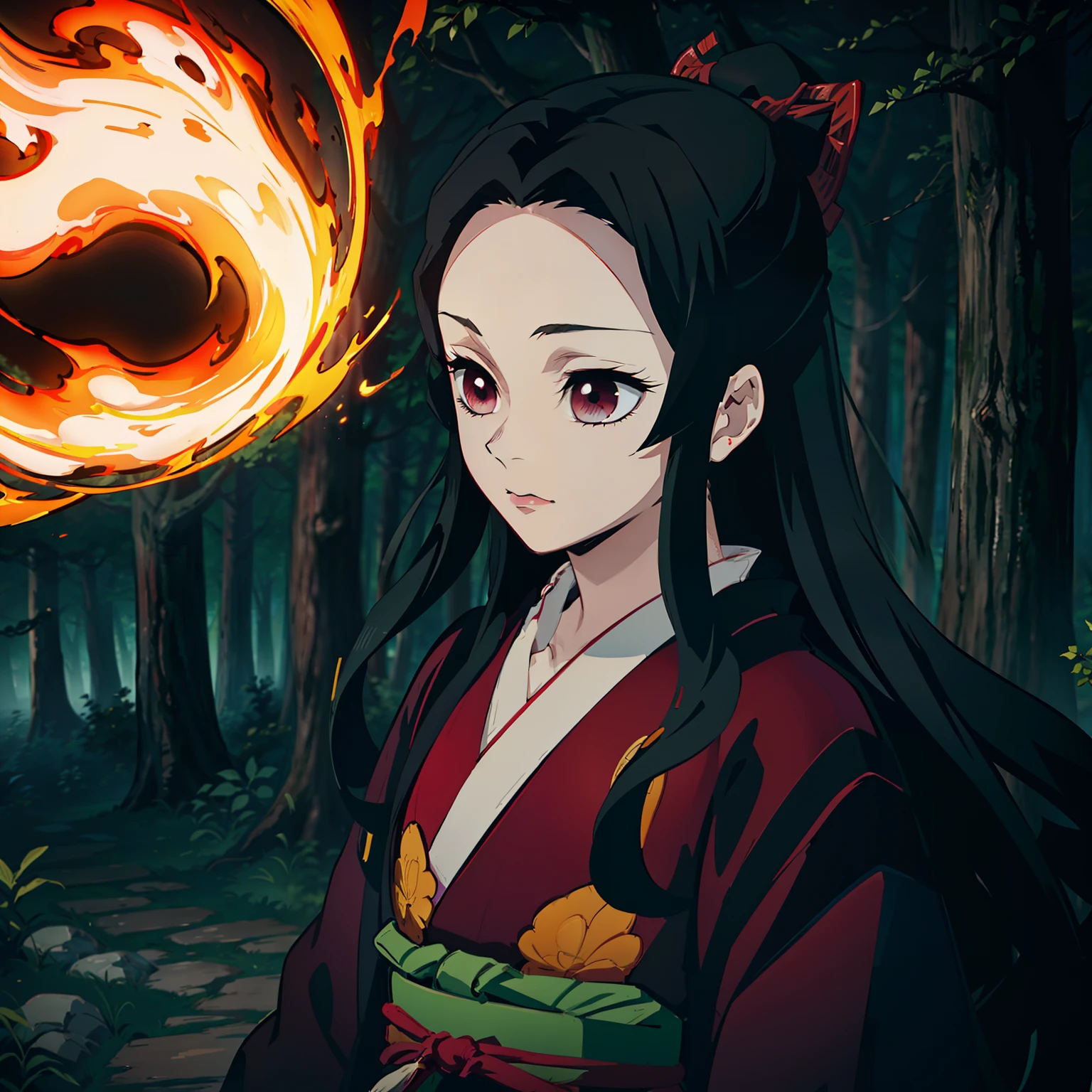 estilo kimetsu no yaiba, 1 chica, solo, ojos negros, pelo bermellón, pelo extra muy largo, red kimono, Cinturón Obi,  ((Obra maestra)), ((retratos de un)), el bosque esta en llamas, El bosque está ardiendo